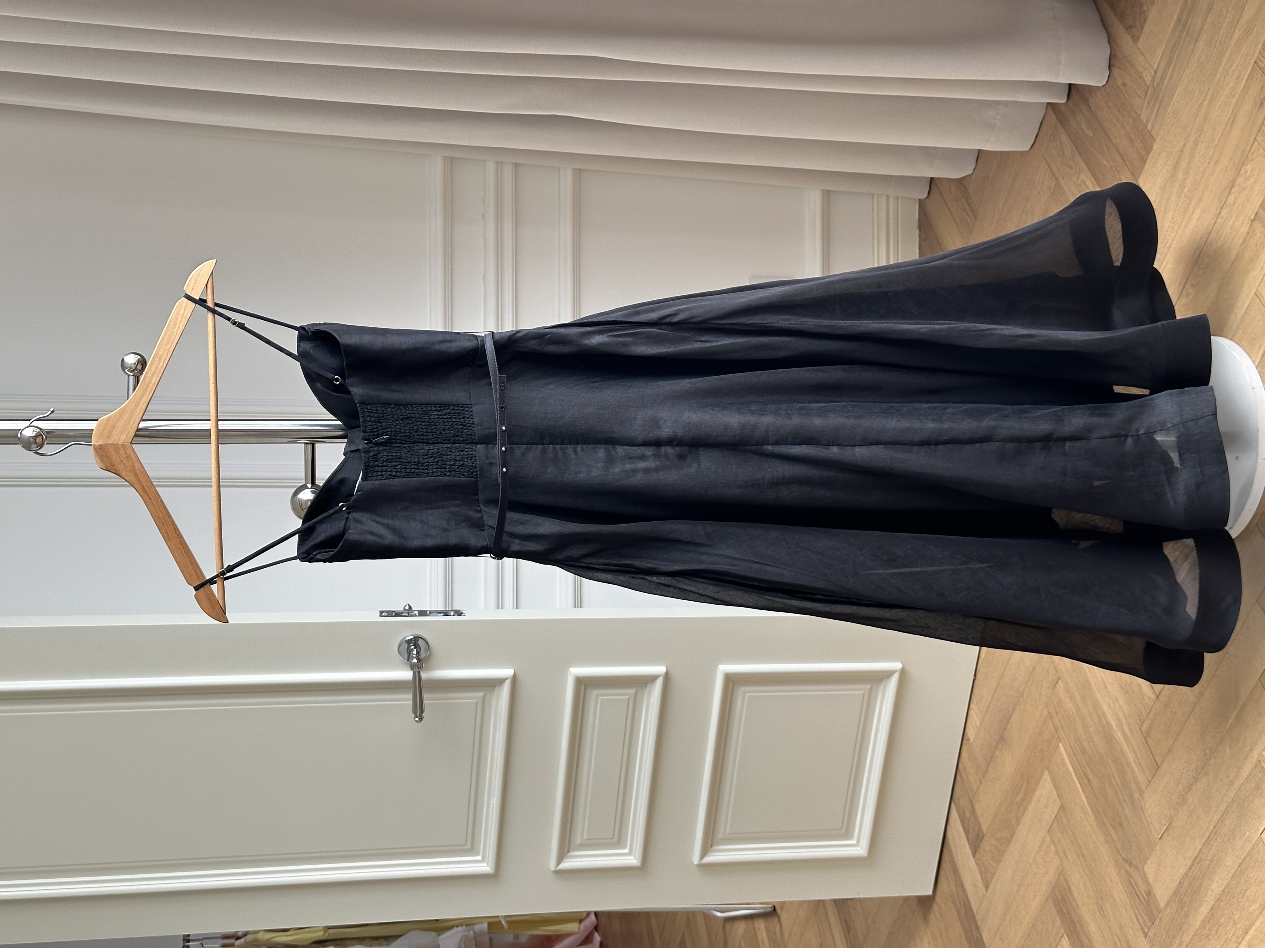 Black Twist Bustier Thin Strap Waist-Cinched Sheer Flowy Maxi Slip Dress