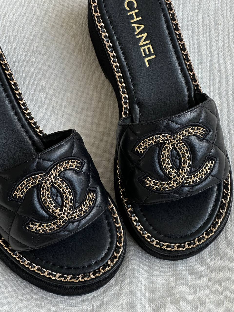 CHANEL Quilted Leather Wedge Sandals with Chain CC Logo