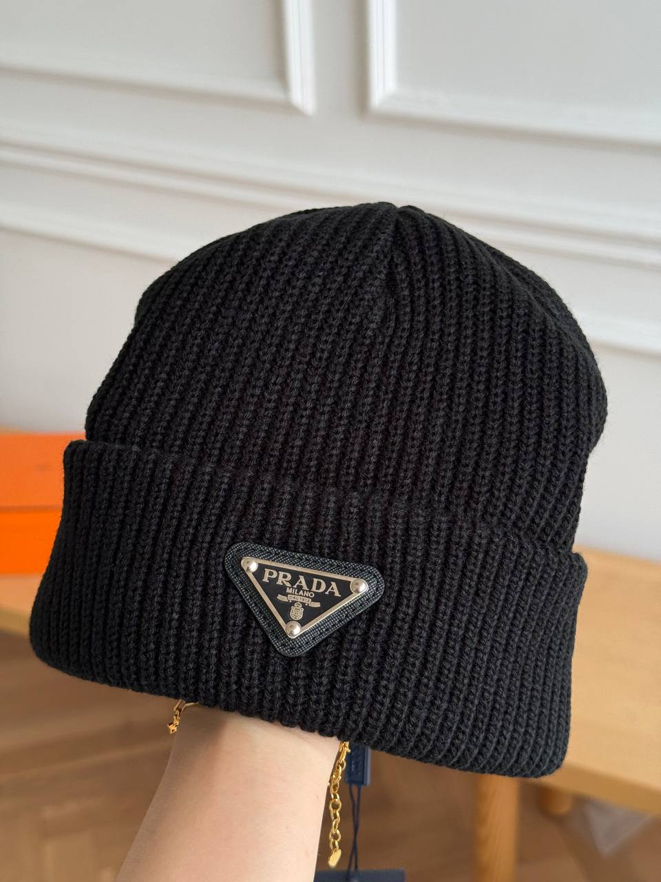 PRADA Triangle Logo Wool Knit Beanie