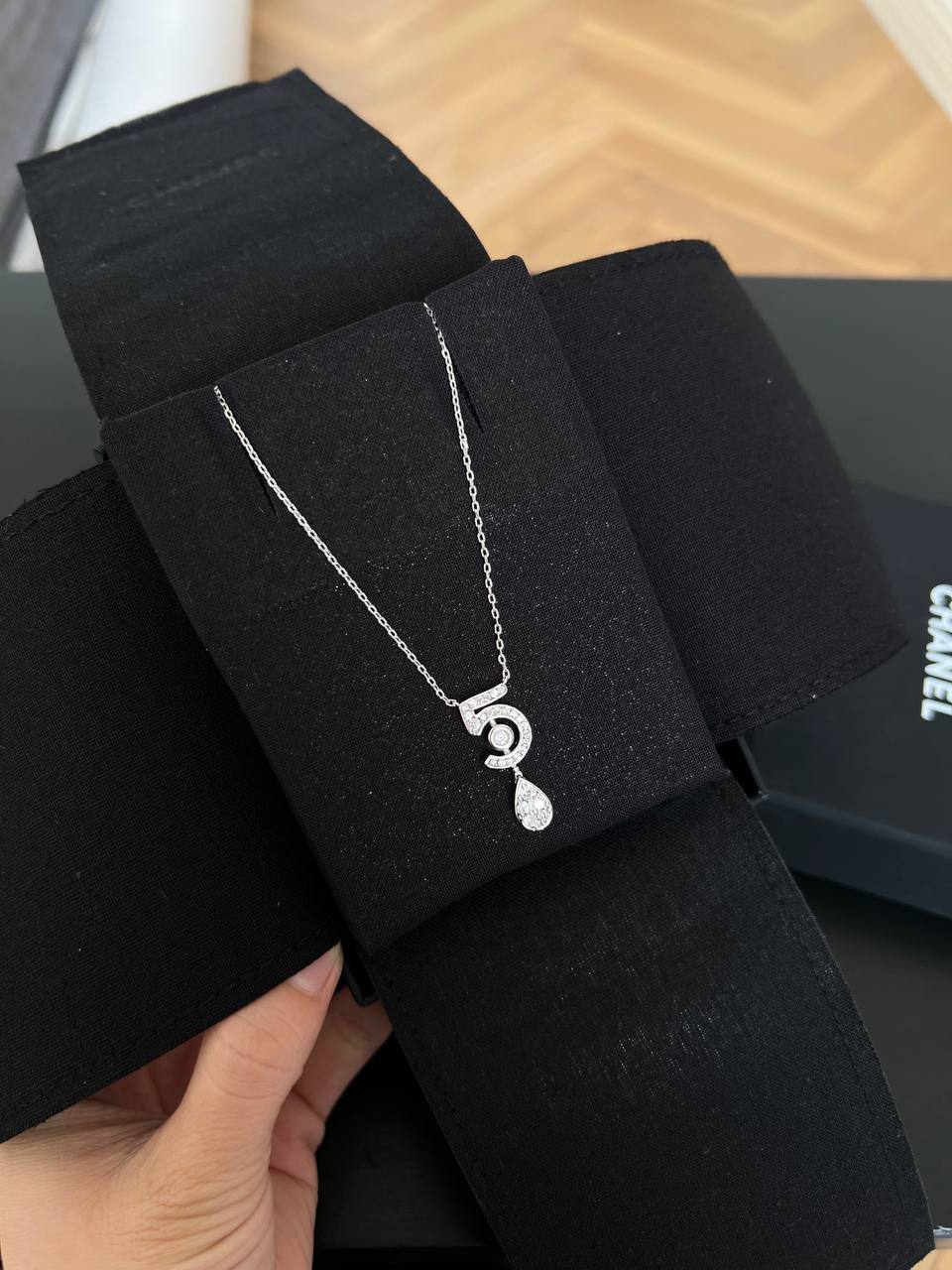 Chanel Silver Metal Full Crystal No.5 Teardrop Pendant Thin Chain Necklace