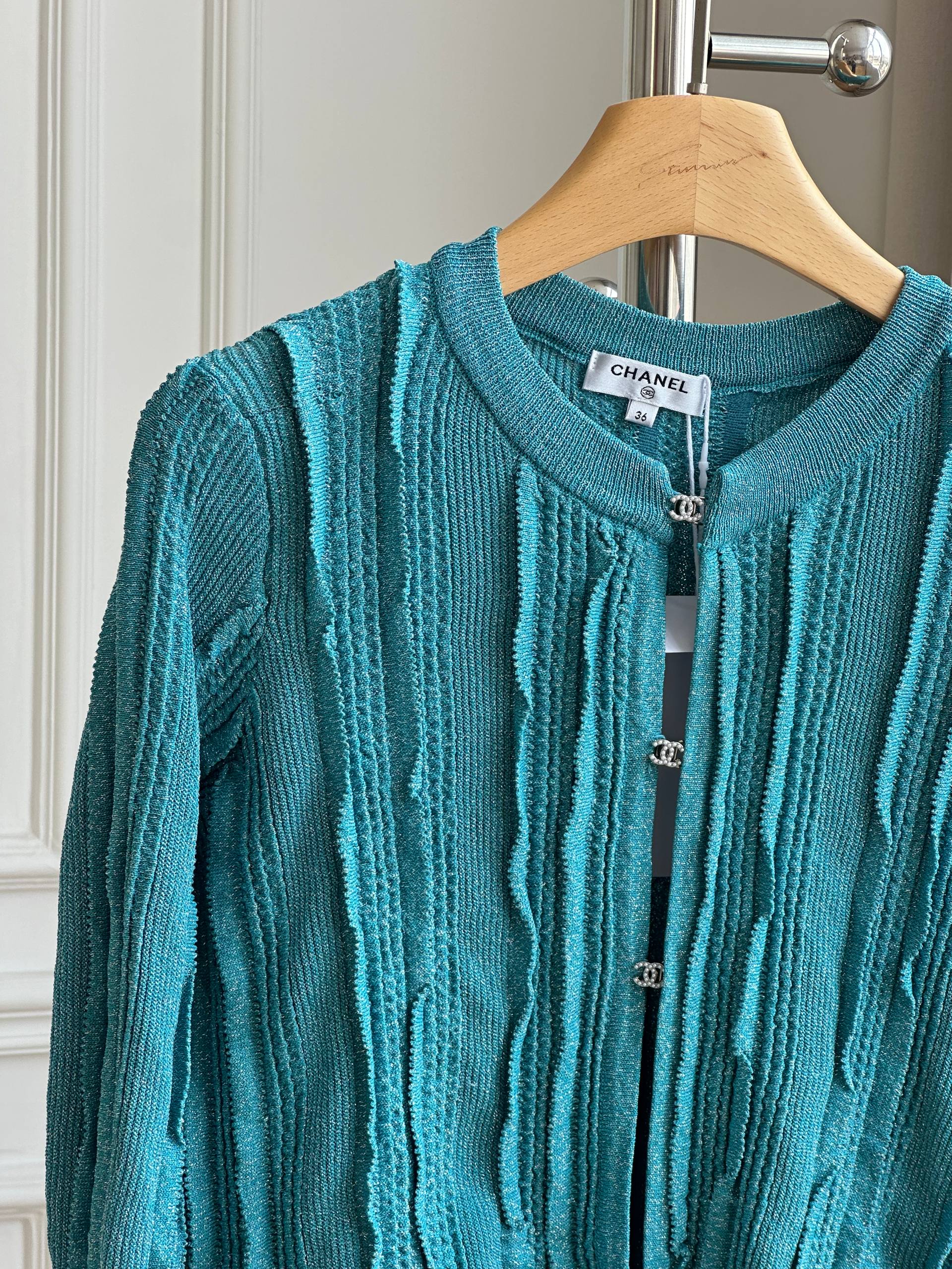 Chanel Peacock Blue Textured Knit Cardigan with CC Buttons