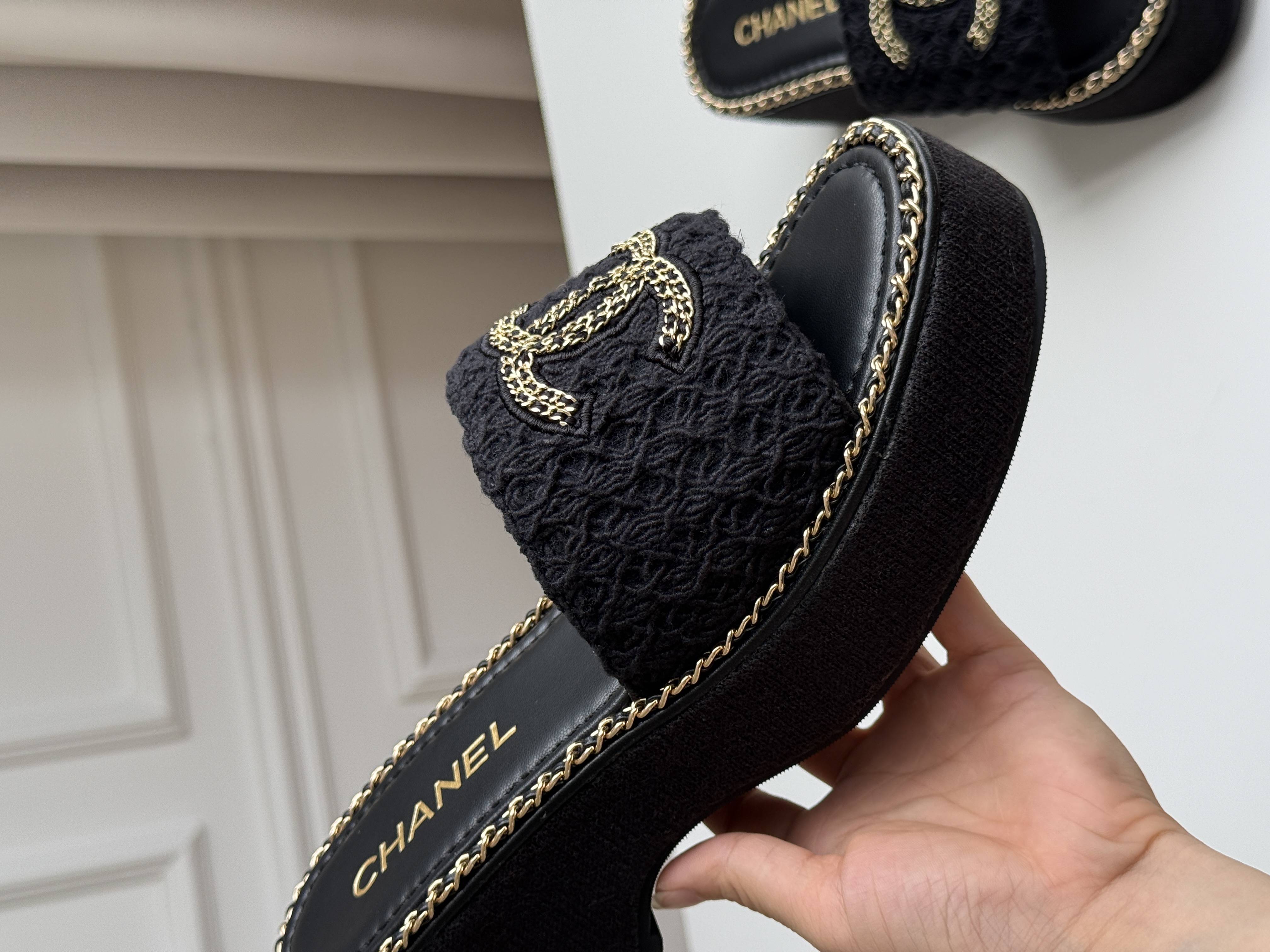 CHANEL Crochet Slide Sandals with Interlocking CC Logo