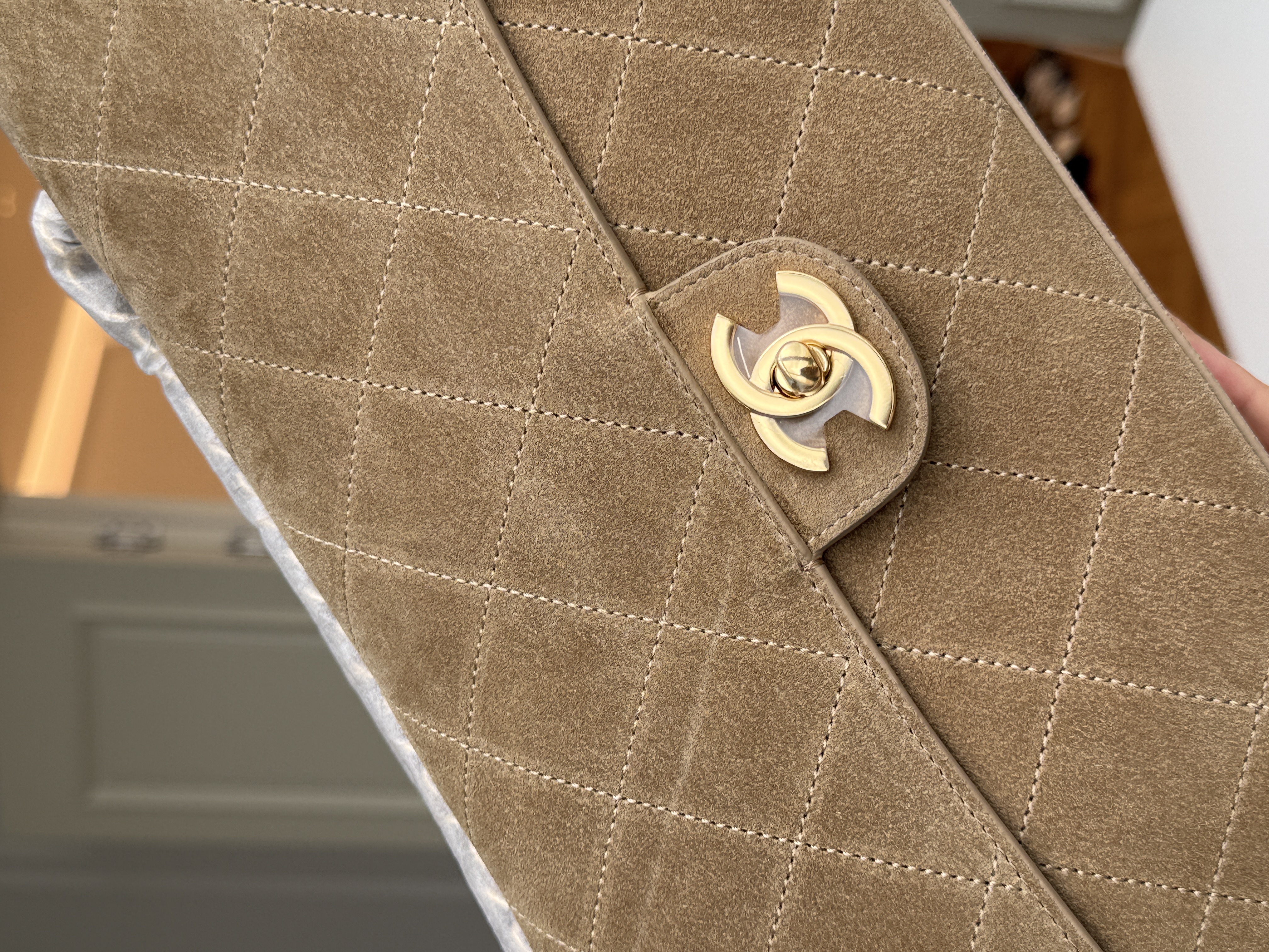 Chanel Light Camel Suede Diamond Quilted Classic Flap Baguette Shoulder Bag