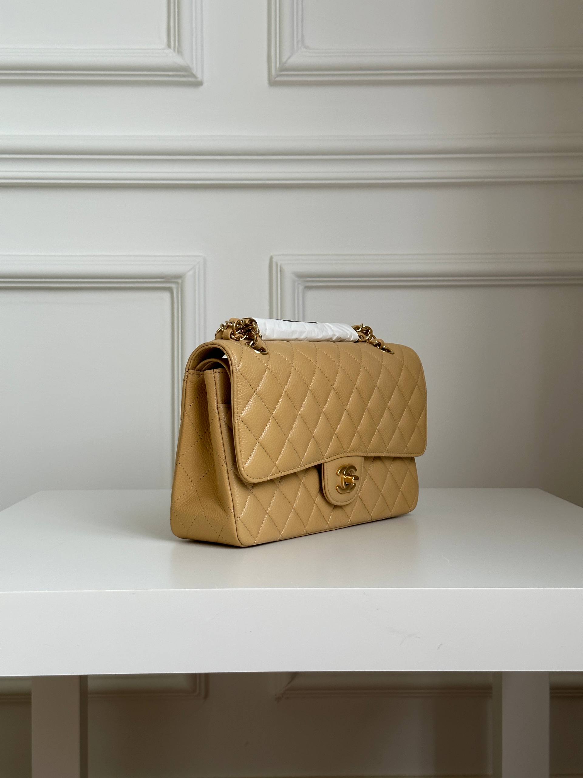 Chanel Medium Classic Flap Beige Caviar Leather Quilted Chain Bag