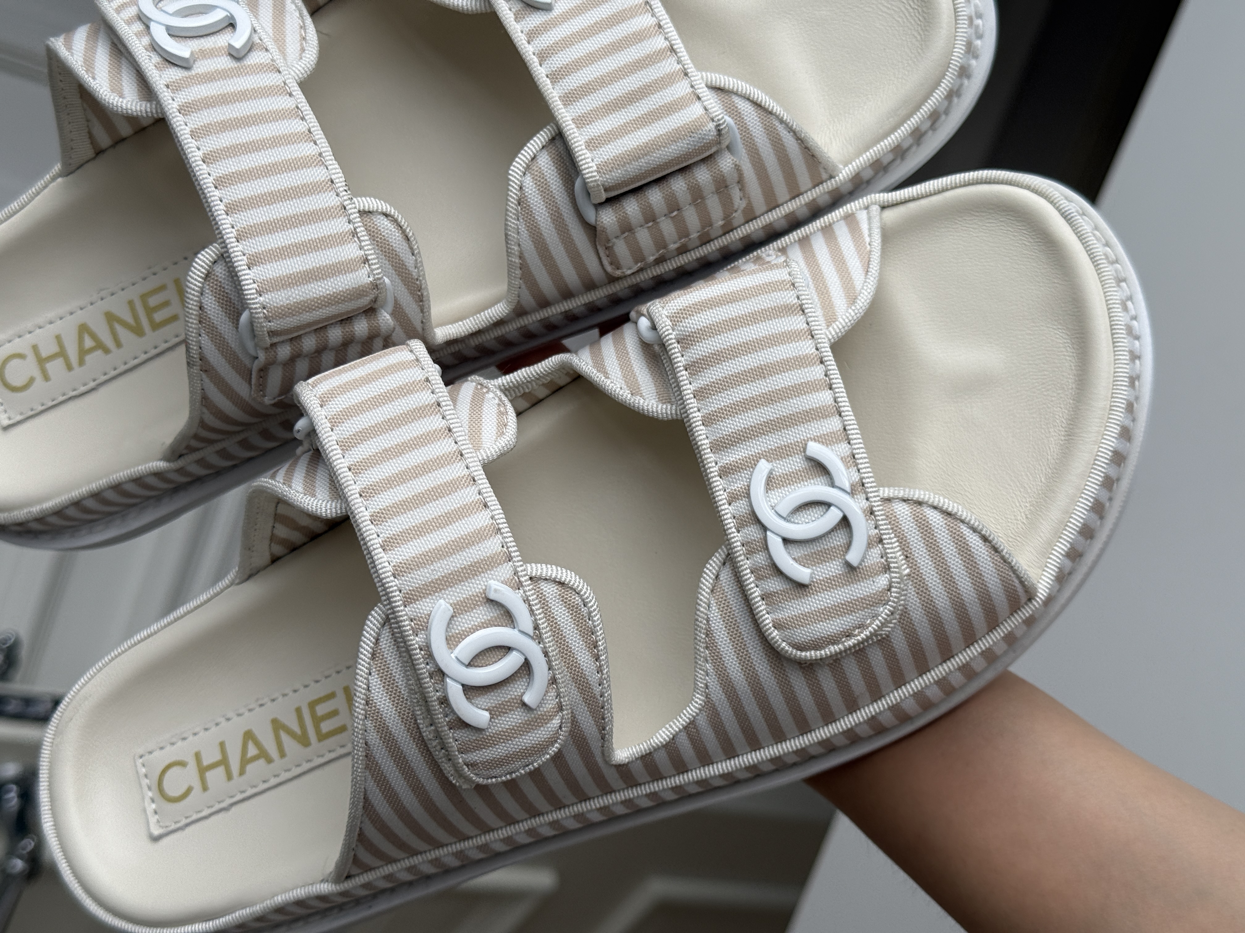 Chanel Beige Coffee Striped Canvas Double Strap CC Logo Flat Slide Sandals