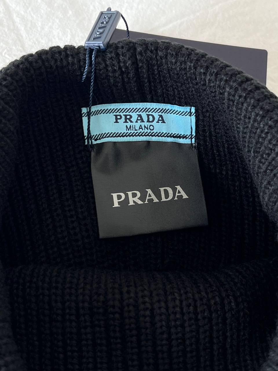 Prada Black Triangle Logo Ribbed Cuffed Knit Beanie