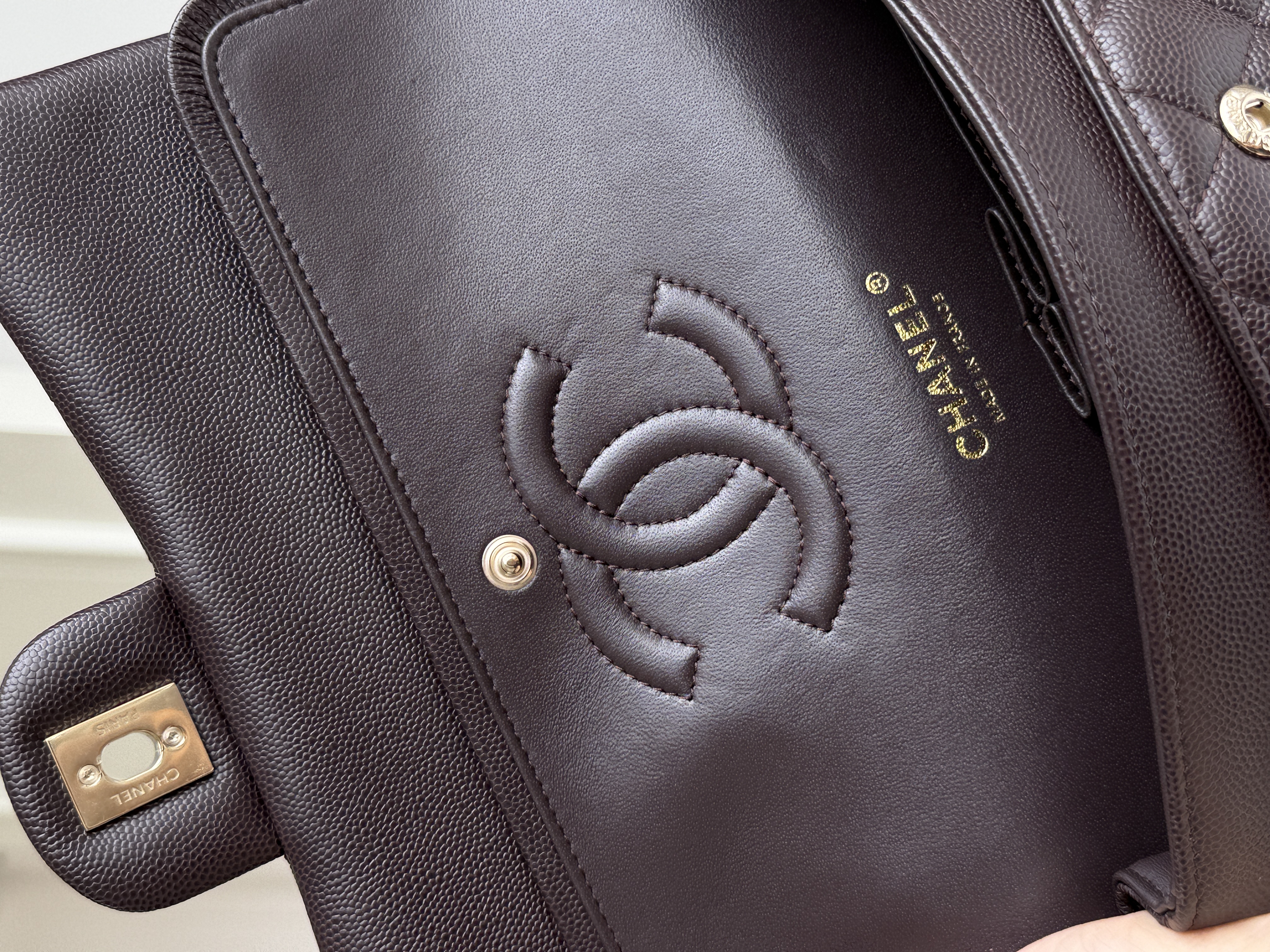 CHANEL Classic Flap Quilted Caviar Leather Bag (Dark Brown with Gold Hardware)