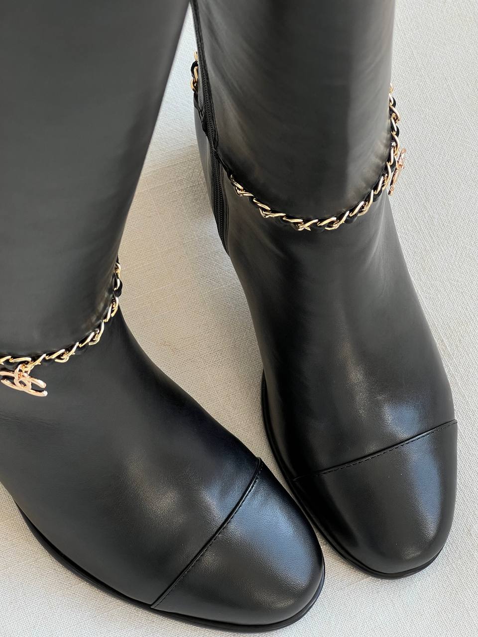 CHANEL Black Smooth Leather Chain CC Logo Block Heel Knee-High Boots