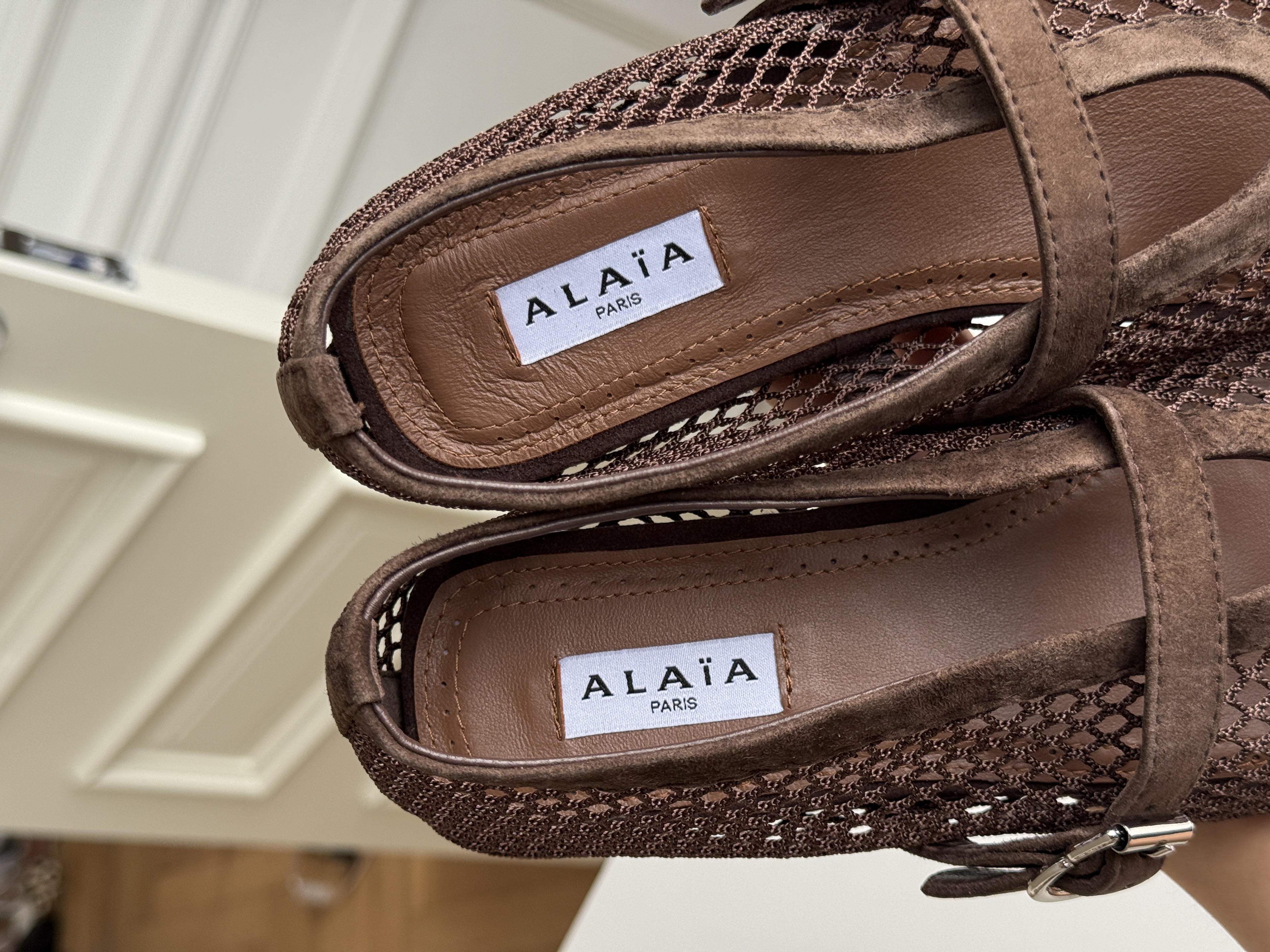 Brown Mesh Pointed-Toe Buckle Strap Flat Mary Janes