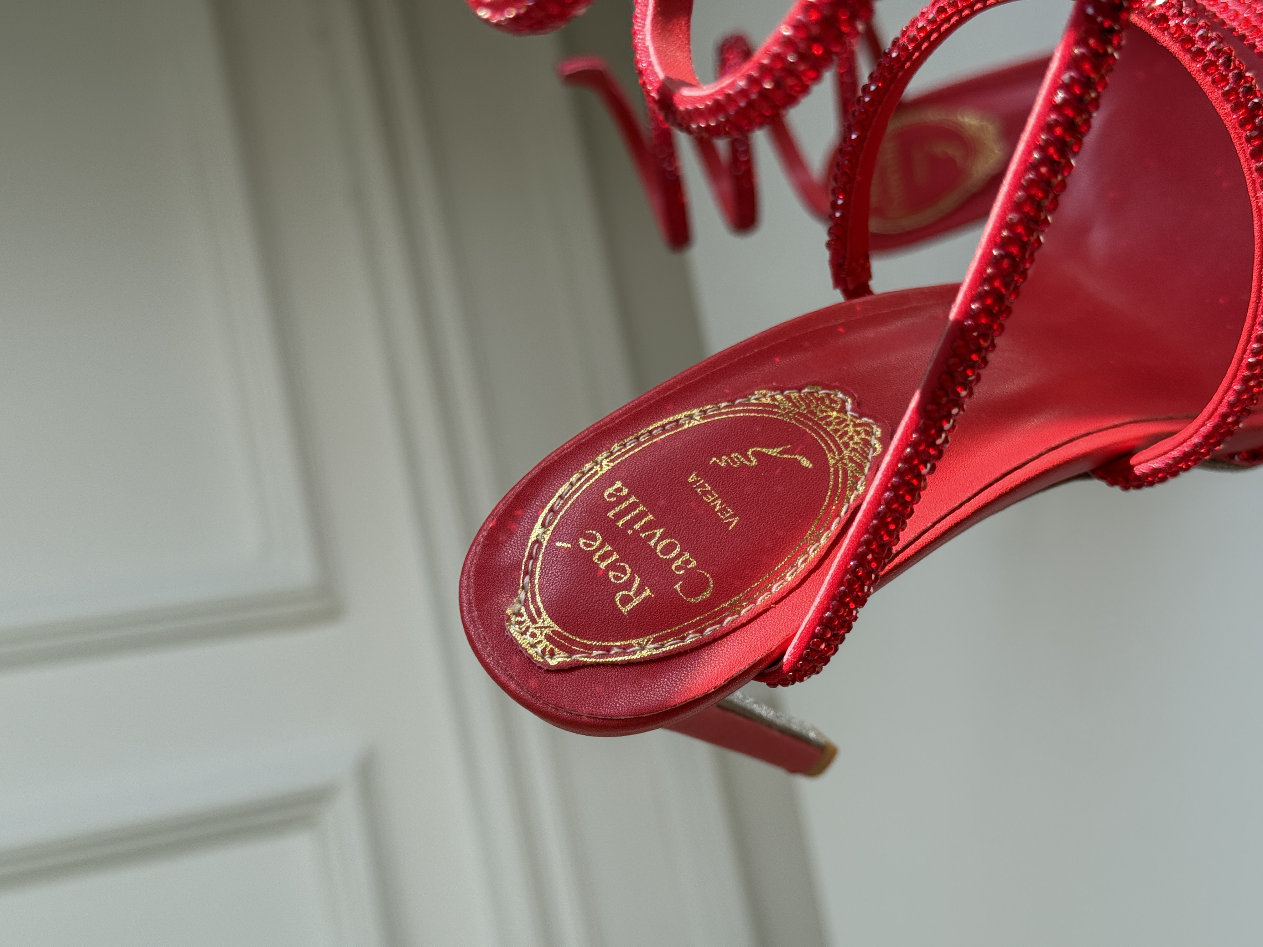 Bright Red Rhinestone Coiled Snake Ankle Wrap Open Toe Stiletto Sandals
