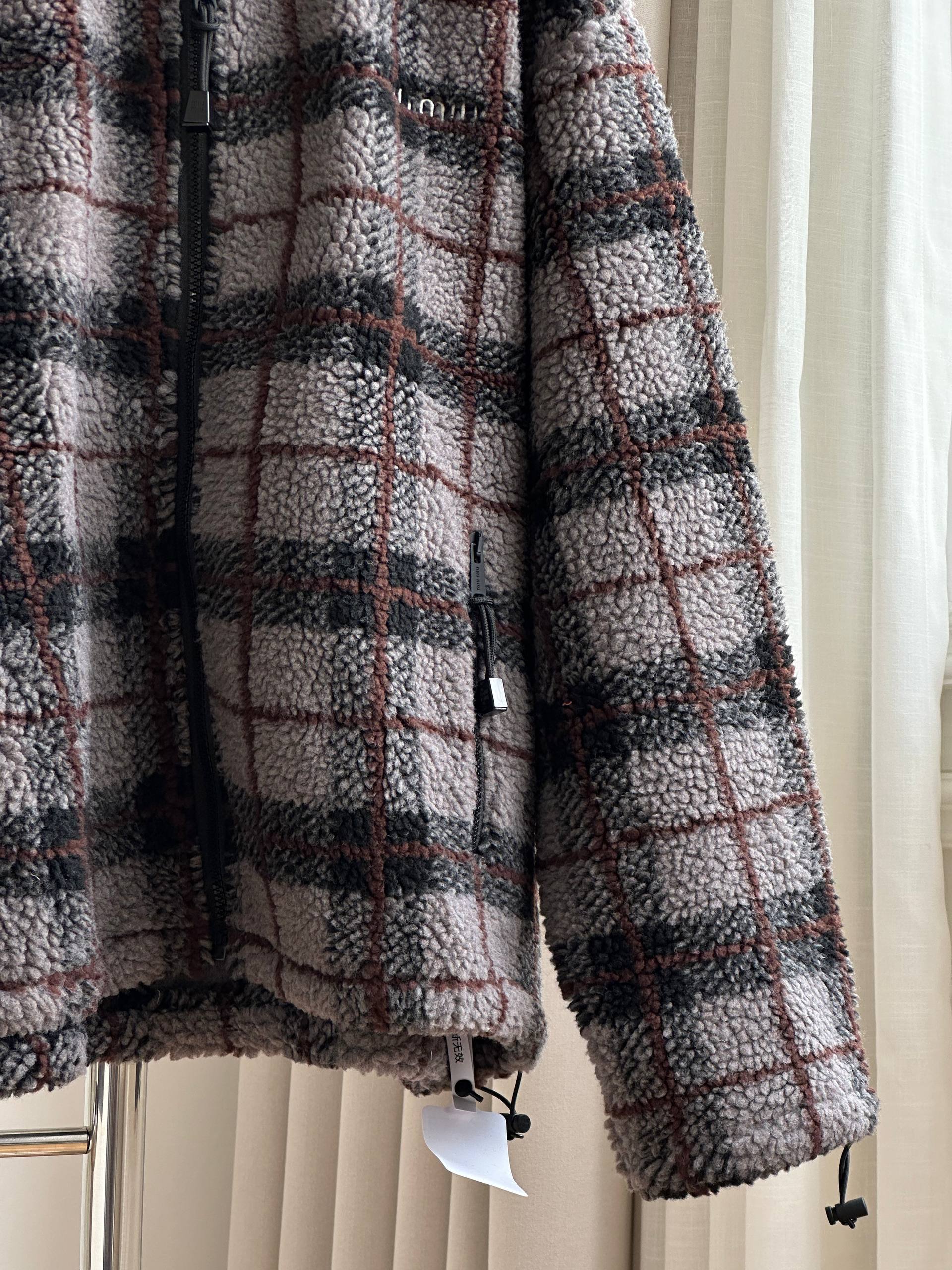Miu Miu Plaid Fleece Stand Collar Zip-up Cropped Jacket