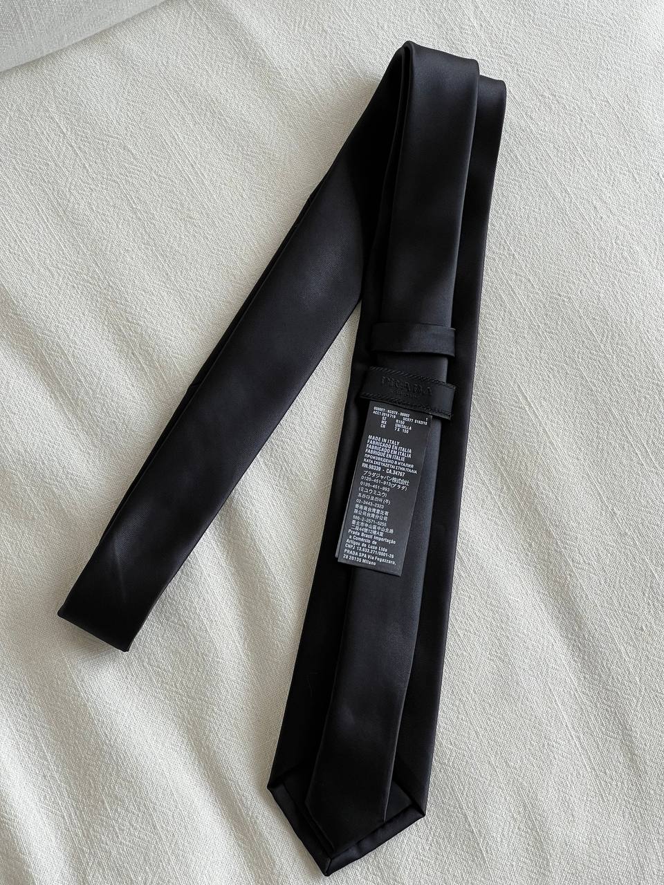 Prada Black Gloss Satin Narrow Necktie With Metal Triangle Logo Plaque