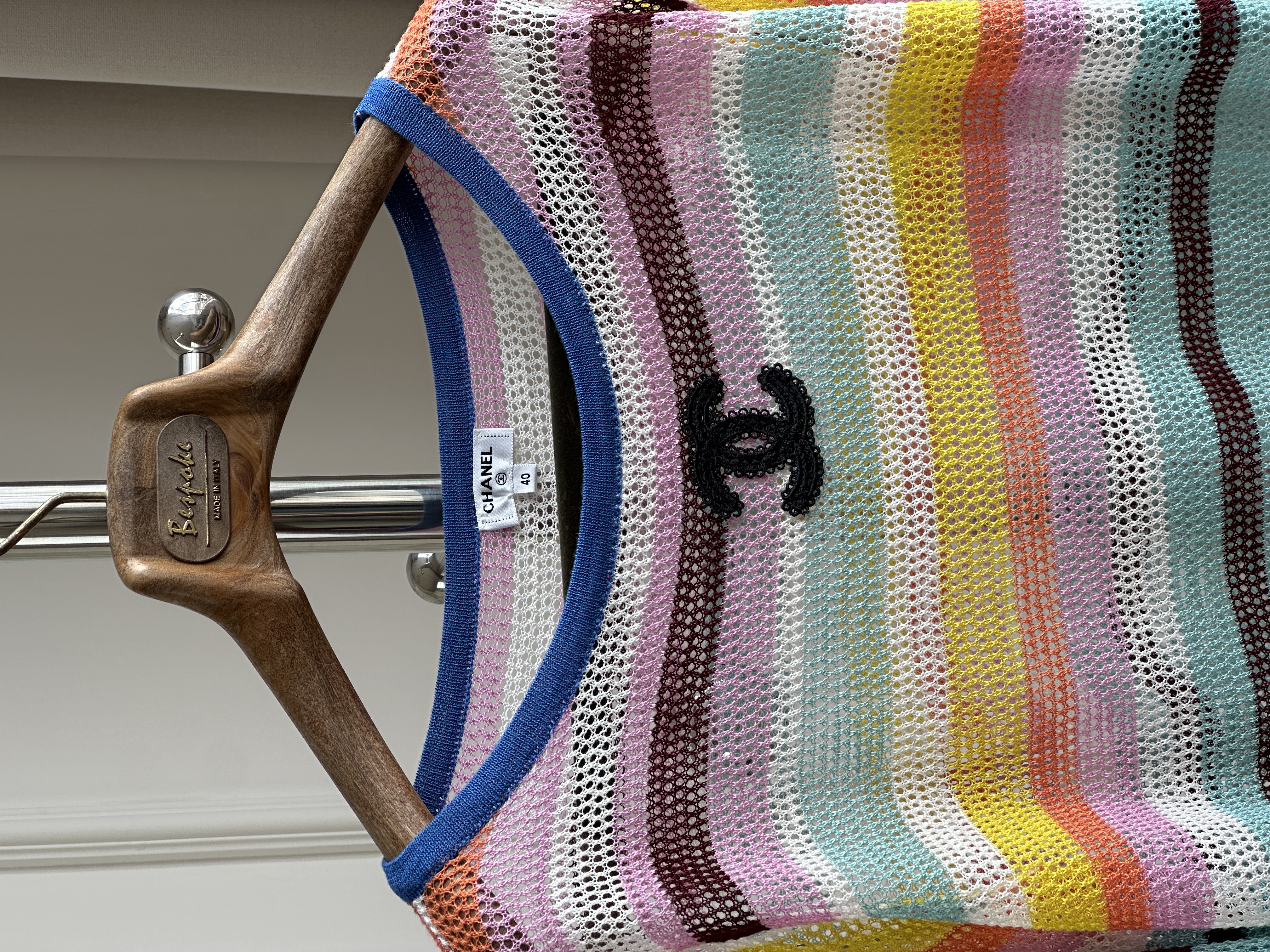Chanel Macaron Rainbow Stripe Hollow Mesh Knit Top With Black Embroidered Interlocking CC Logo