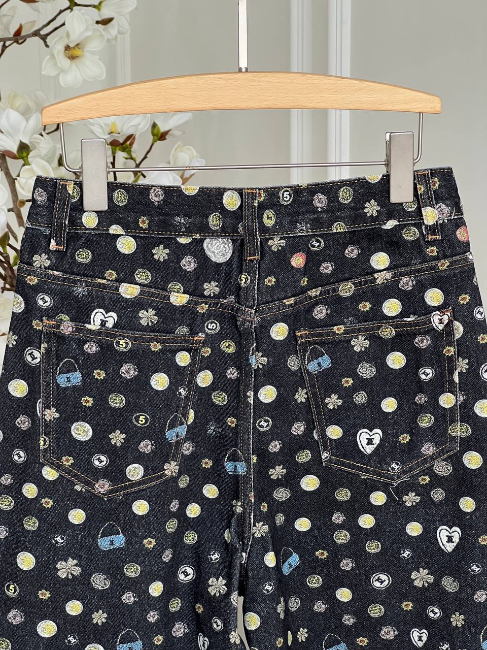 Chanel Dark Denim Playful Multi-pattern Printed Wide-Leg Jeans