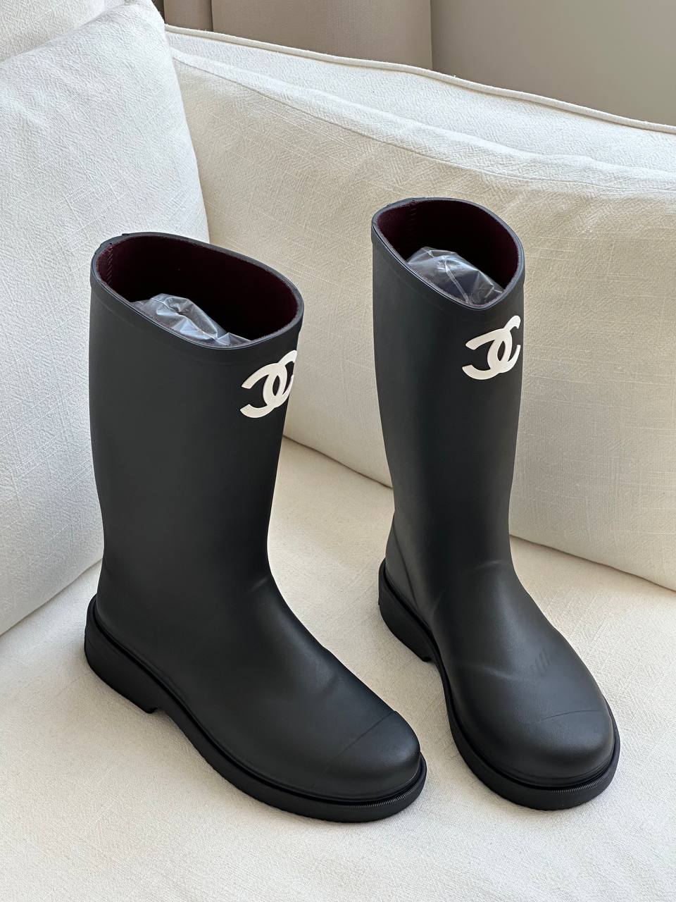 Chanel Black Rubber Mid-Calf CC Logo Rain Boots