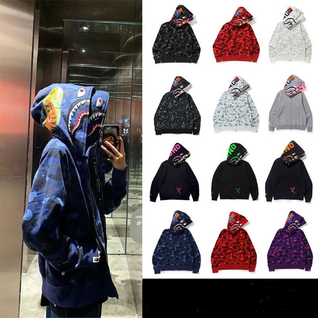 Double zipper shark face camo colors hoodie