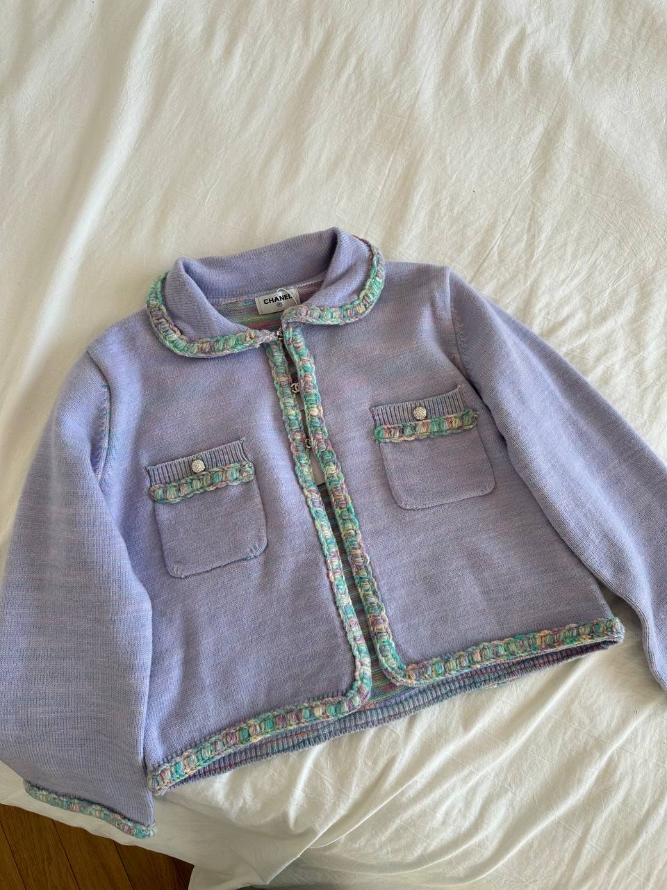 Chanel Lavender Knit Cropped Jacket With Multicolor Braided Trim