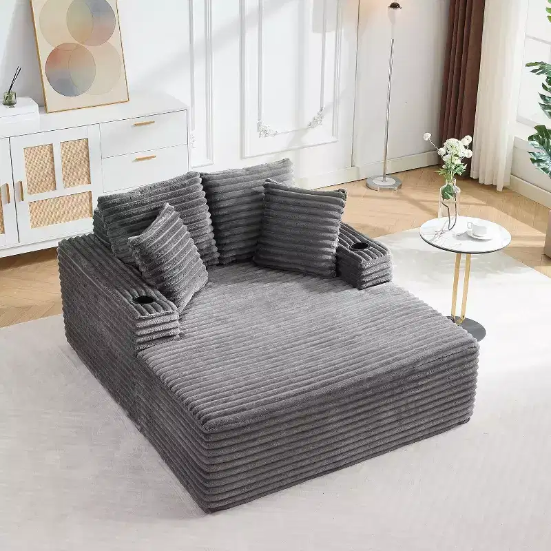 Fauteuil de salon surdimensionné de 162 cm, canapé-lit sans armature en velours côtelé avec 2 oreillers et 2 porte-gobelets, aucun assemblage requis, beige/gris/vert/noir