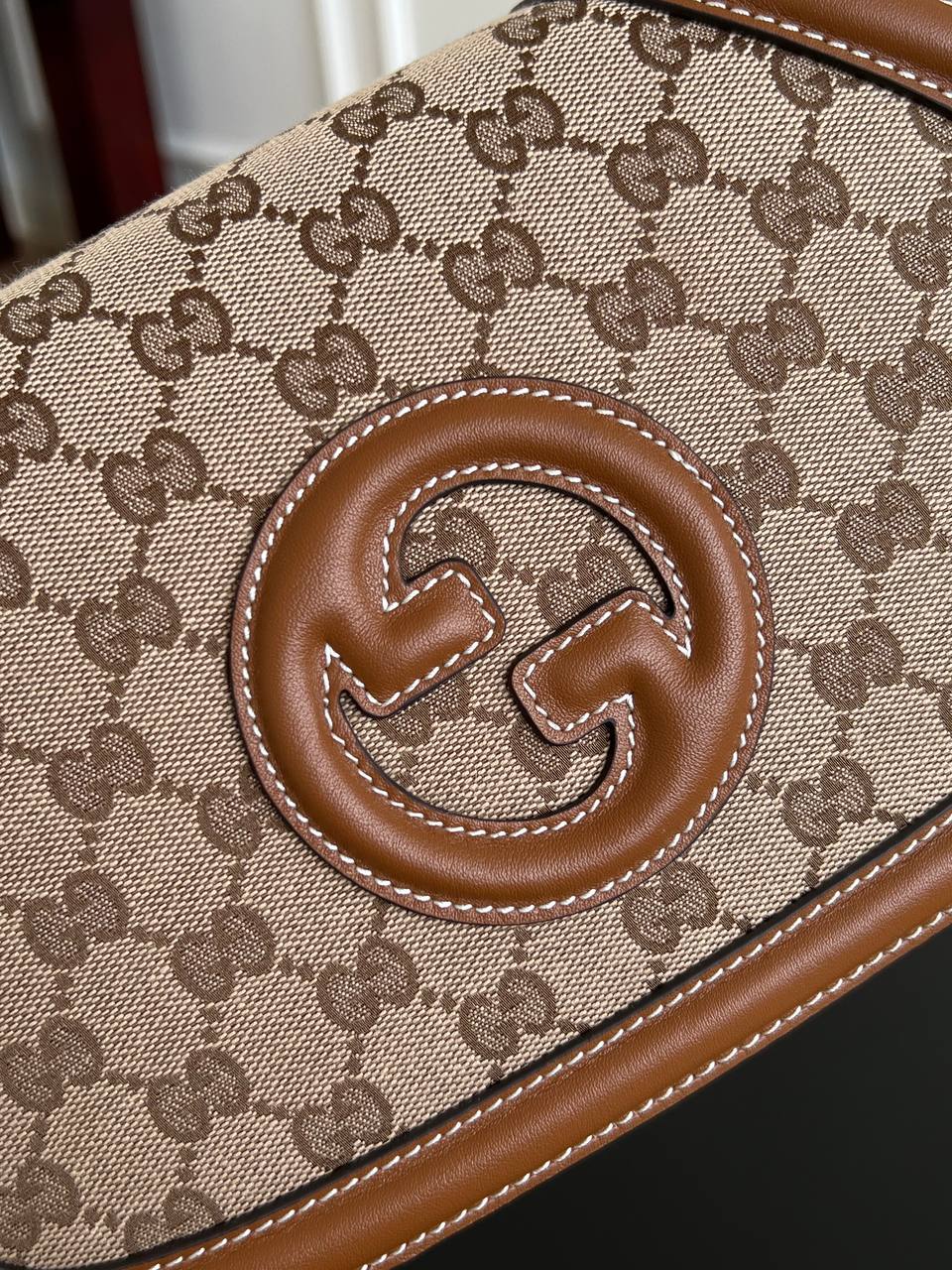 Gucci GG Monogram Canvas Brown Leather Trim Round G-logo Saddle Crossbody Bag