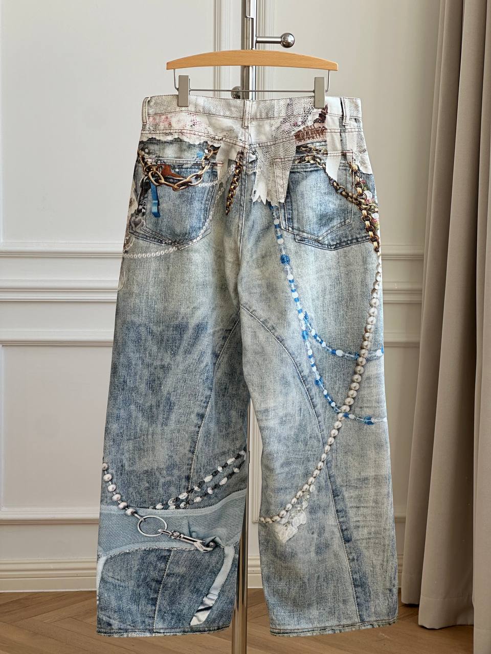 Acne Studios 25FW 2006 Wide-Leg Curved Jeans with Trompe-l'oeil Lace & Pearl Print