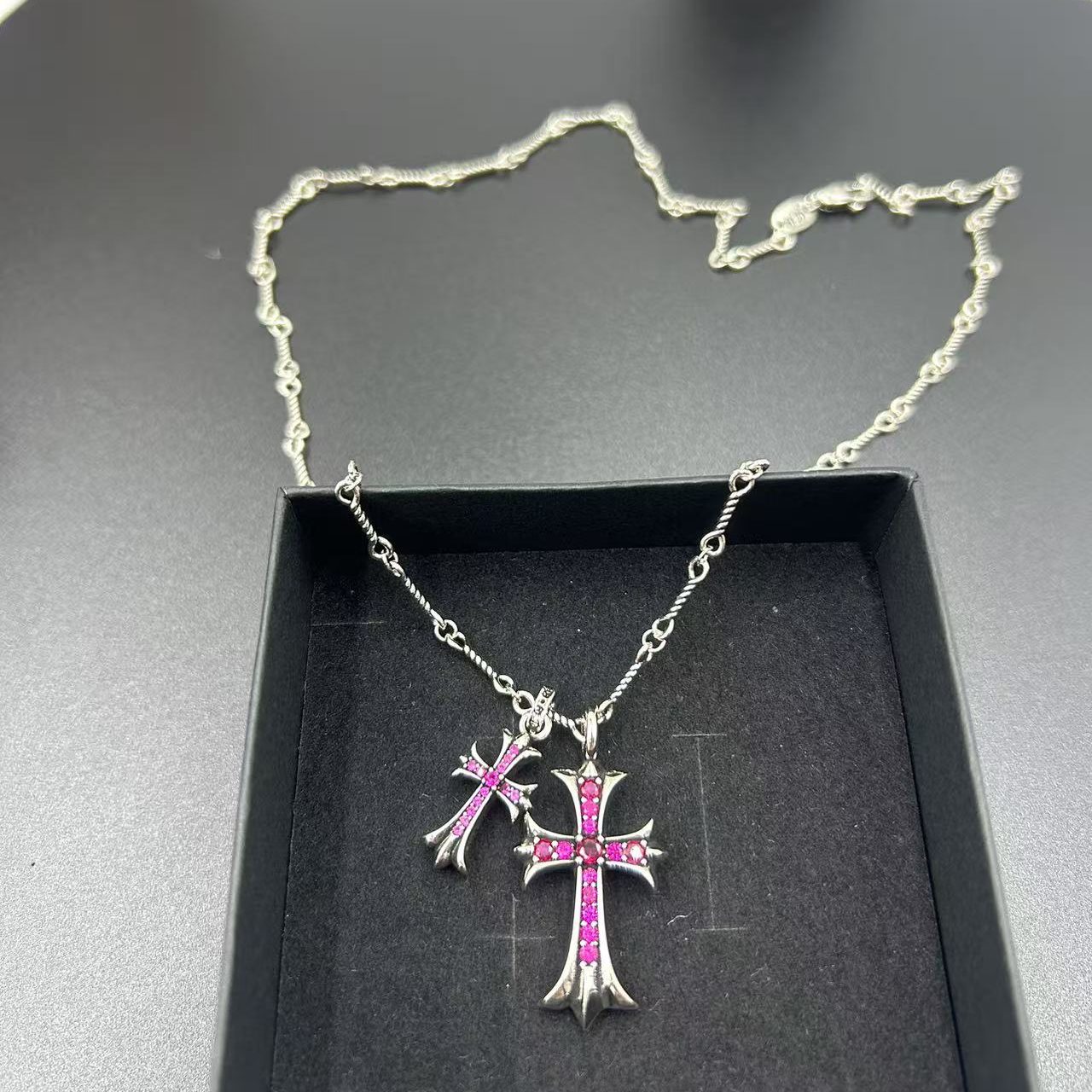 CHROME HEARTS PINK DIAMOND DOUBLE CROSS LAYERED NECKLACE