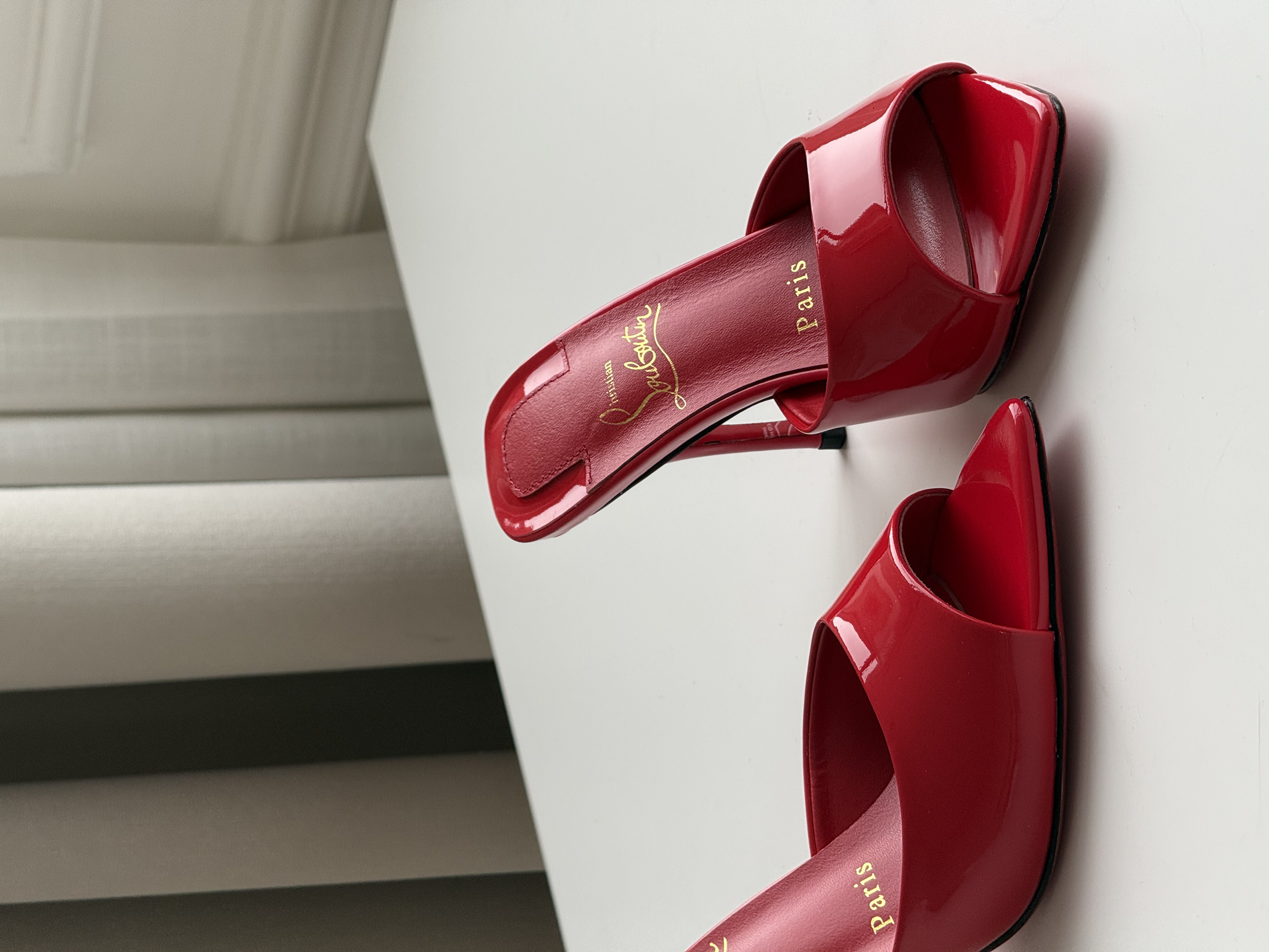 Christian Louboutin Red Patent Leather Peep-Toe Pointed Heel Mules