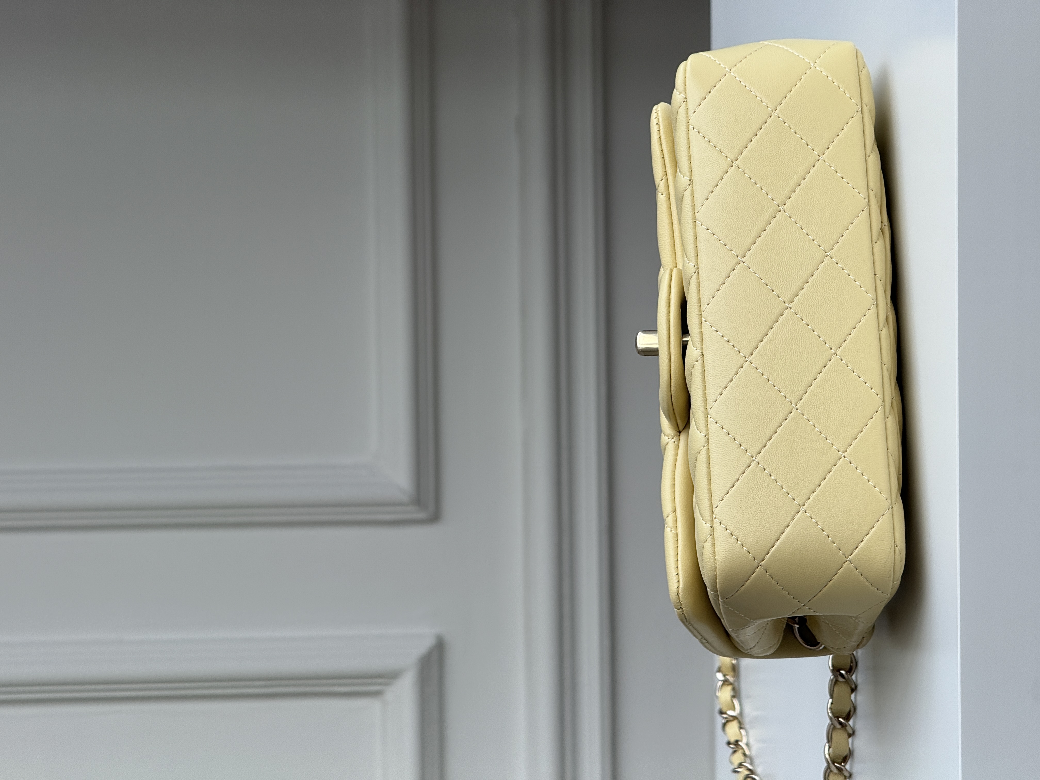 Chanel Cream Yellow Caviar Leather Classic Flap Silver CC Chain Bag