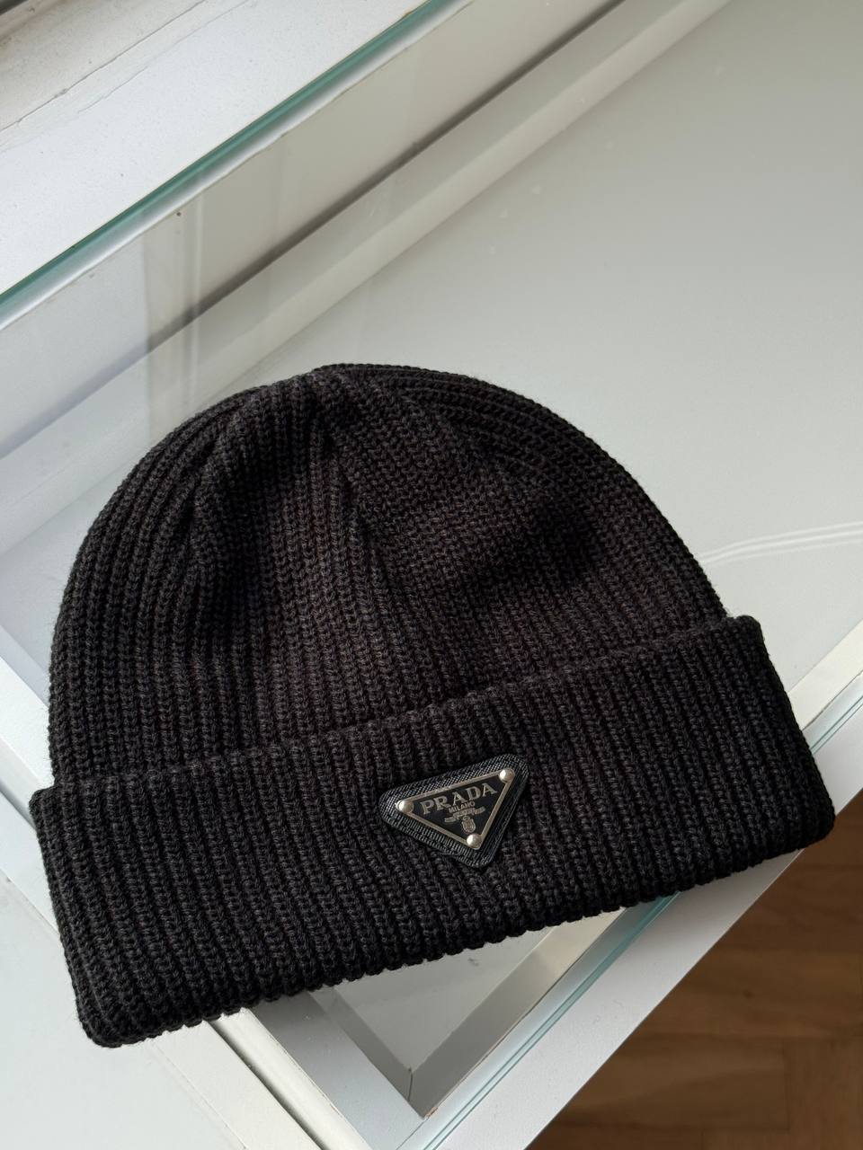 PRADA Triangle Logo Wool Knit Beanie
