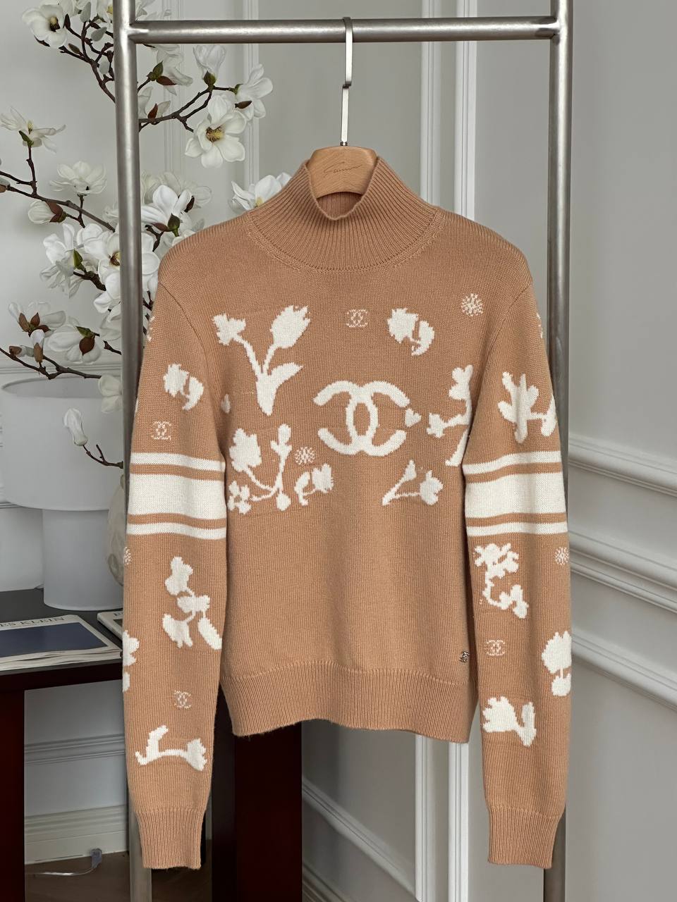CHANEL Floral Interlocking CC Jacquard Turtleneck Knit Sweater