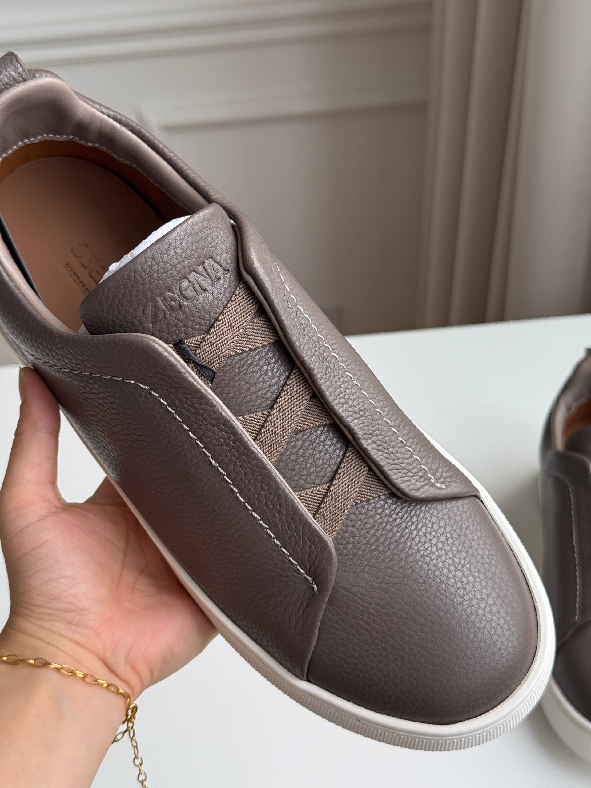 Zegna Triple Stitch Slip-On Elastic Cross Strap Leather Sneakers