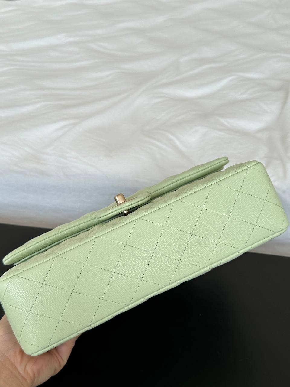 CHANEL Classic Flap Light Green Caviar Quilted Leather Bag with Light Gold Hardware