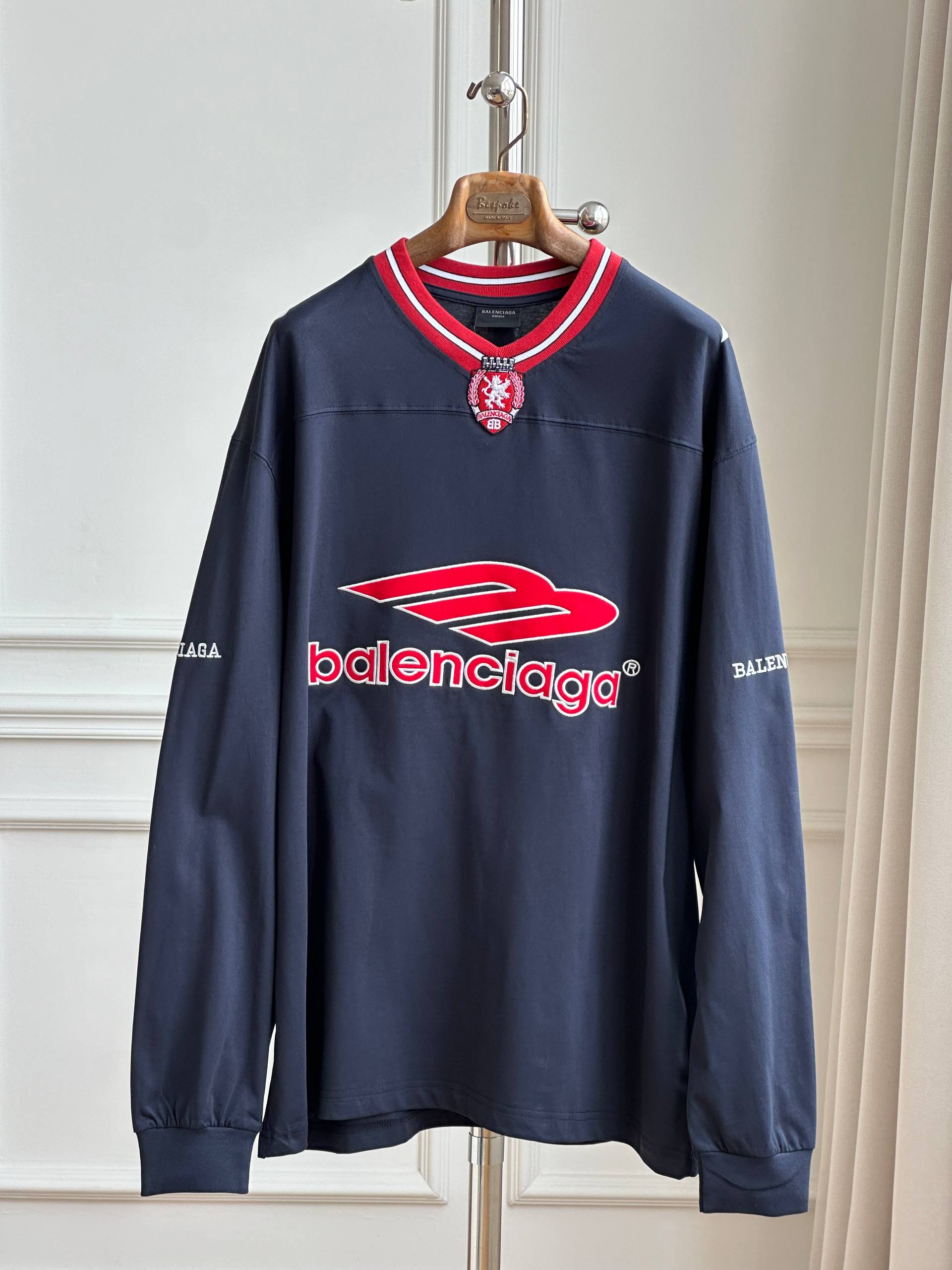 Balenciaga B Logo Racing Stripe Collar Long Sleeve Jersey Tee