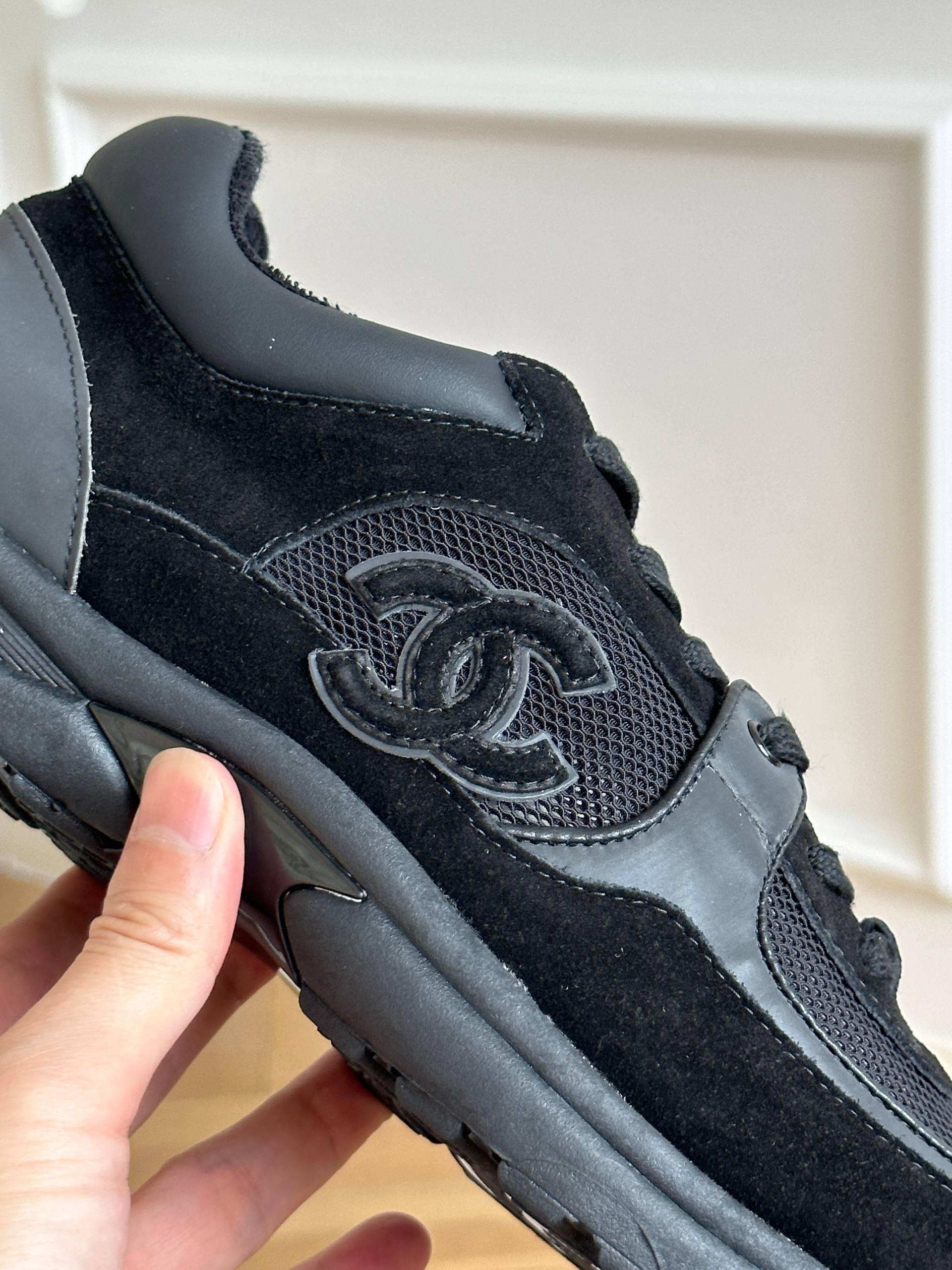 Chanel All-black Suede Mesh Panel CC Logo Low Top Sneakers