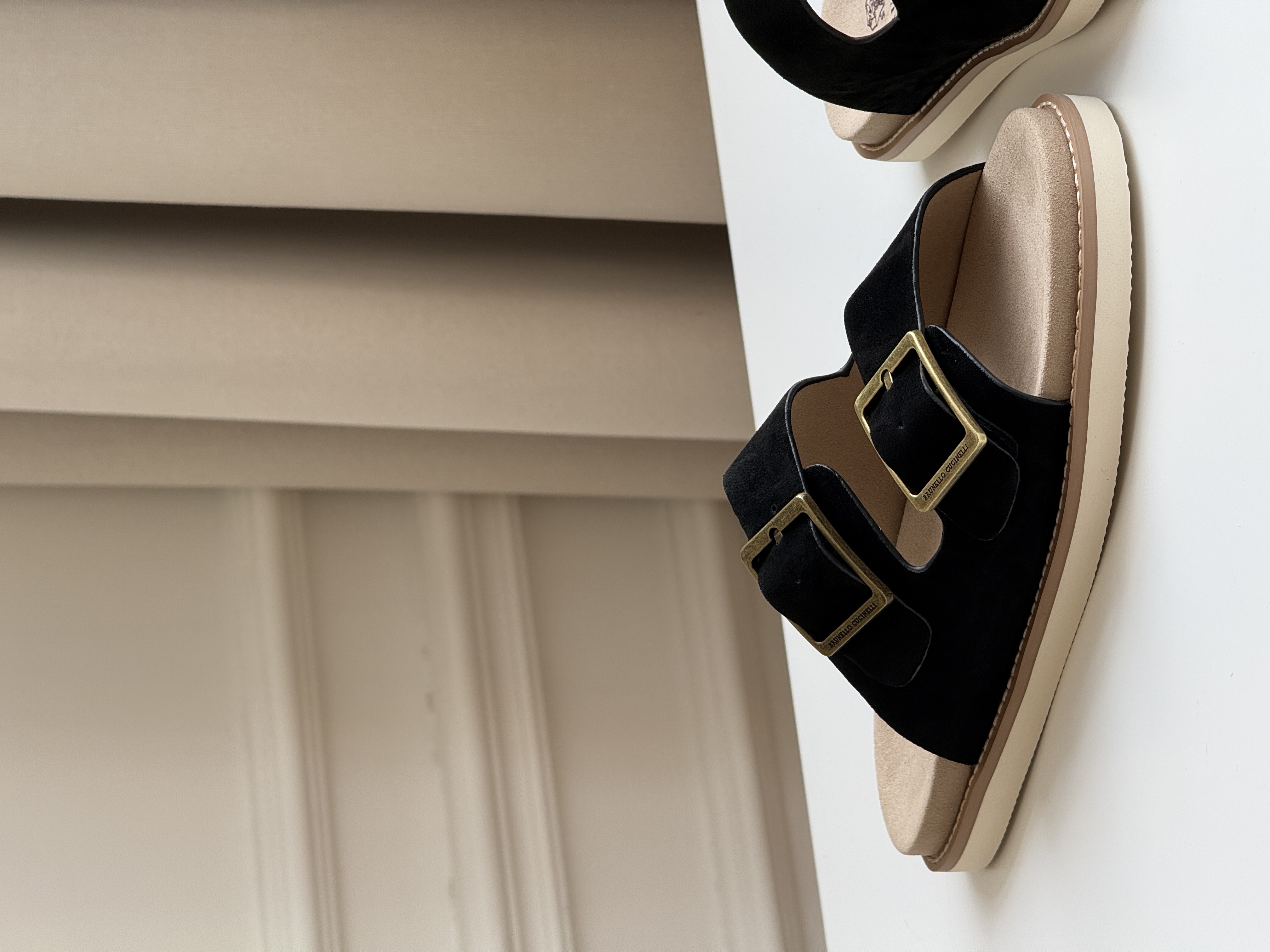 Double-Buckle Suede Slide Sandals