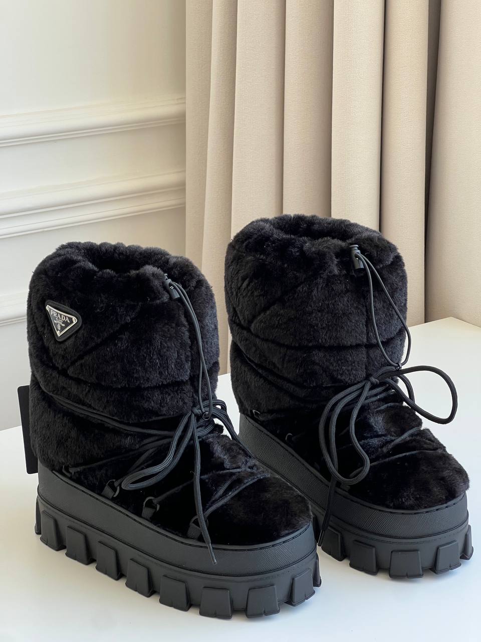 Prada Black Faux Fur Triangle Logo Drawstring Lace-Up Platform Chunky Mid-Calf Snow Boots