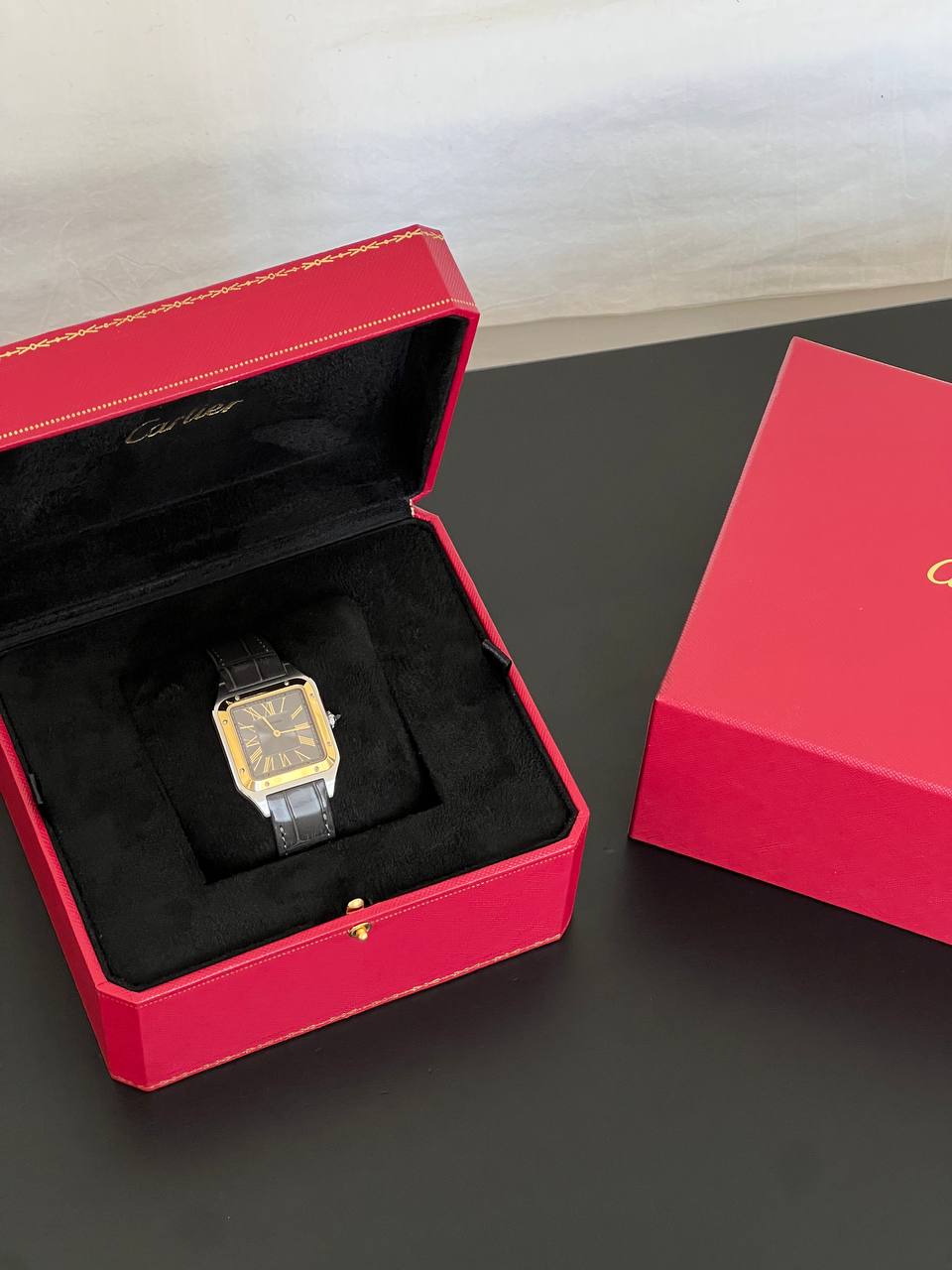 Cartier Santos de Cartier Watch with Black Dial, Gold Case and Black Strap