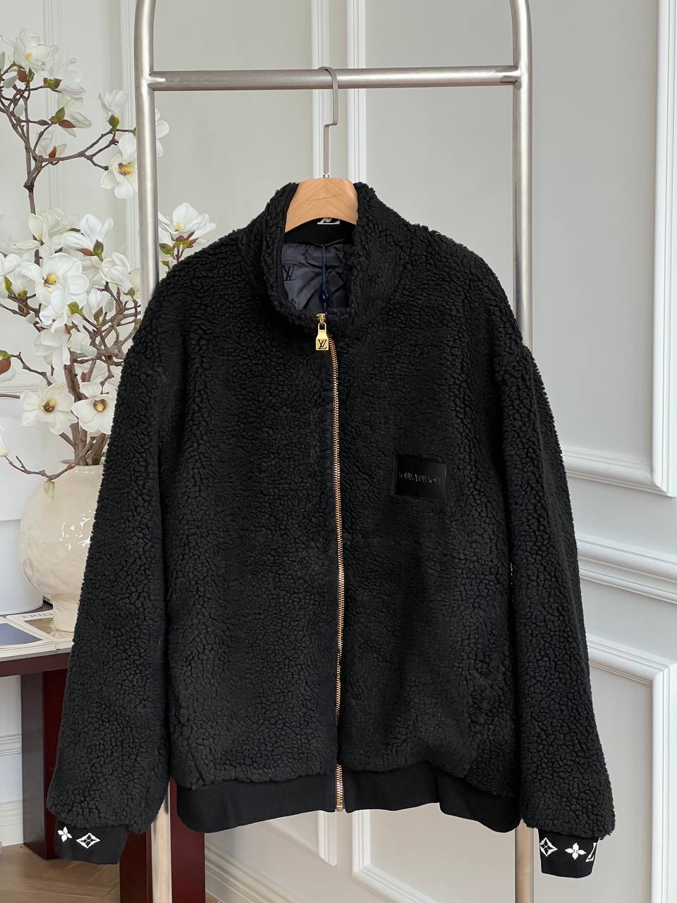 Louis Vuitton Black Stand Collar Teddy Fleece Zip-Up Loose Jacket With Leather Label & Gold Zipper