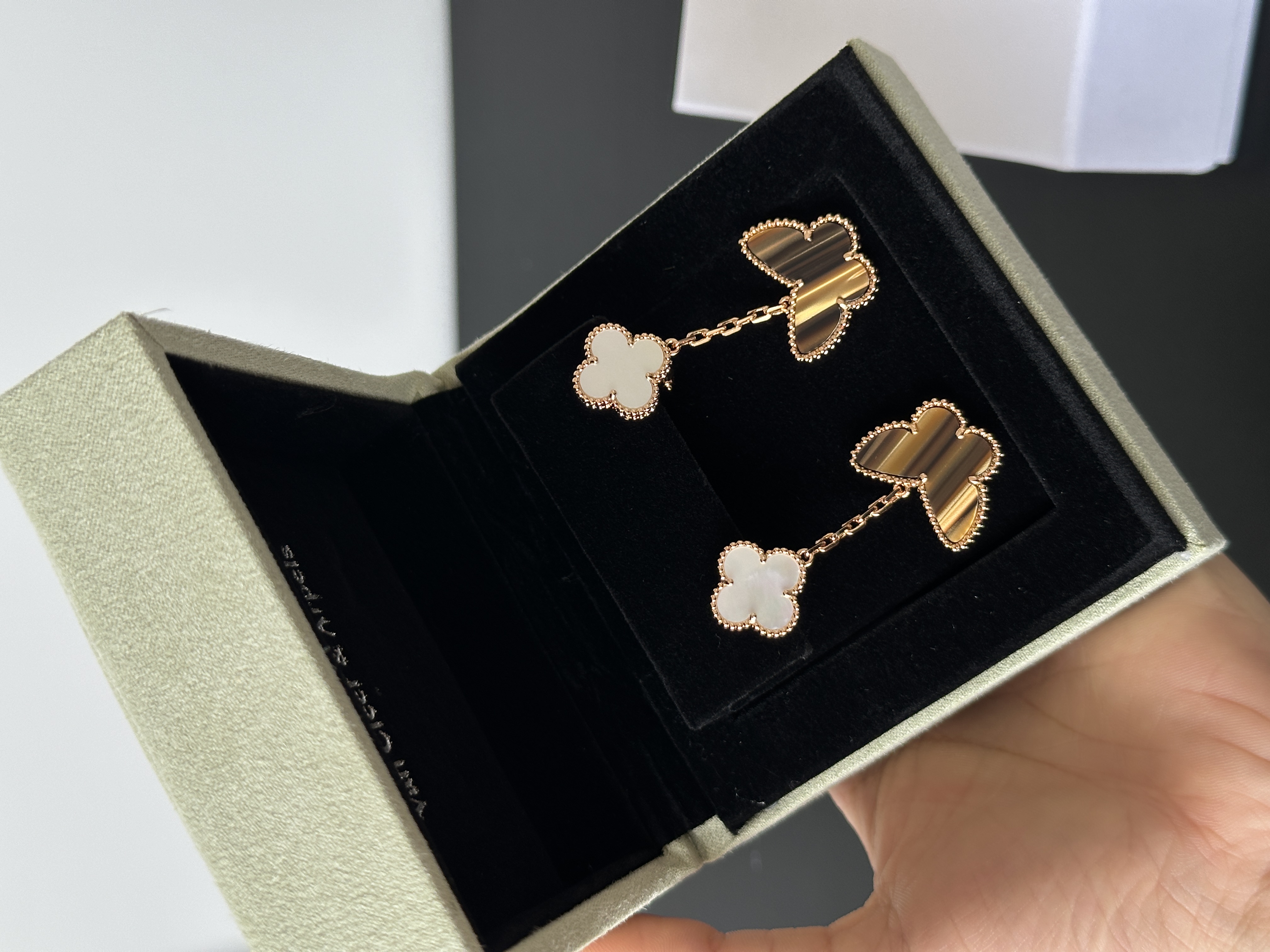 Van Cleef & Arpels Vintage Alhambra Mother-of-Pearl Tiger’s Eye Butterfly Drop Earrings