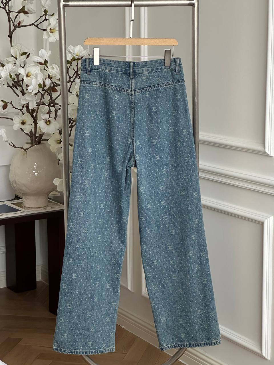 Chanel Light Wash Blue All Over Interlocking CC Polka Dot High Waist Wide Leg Jeans