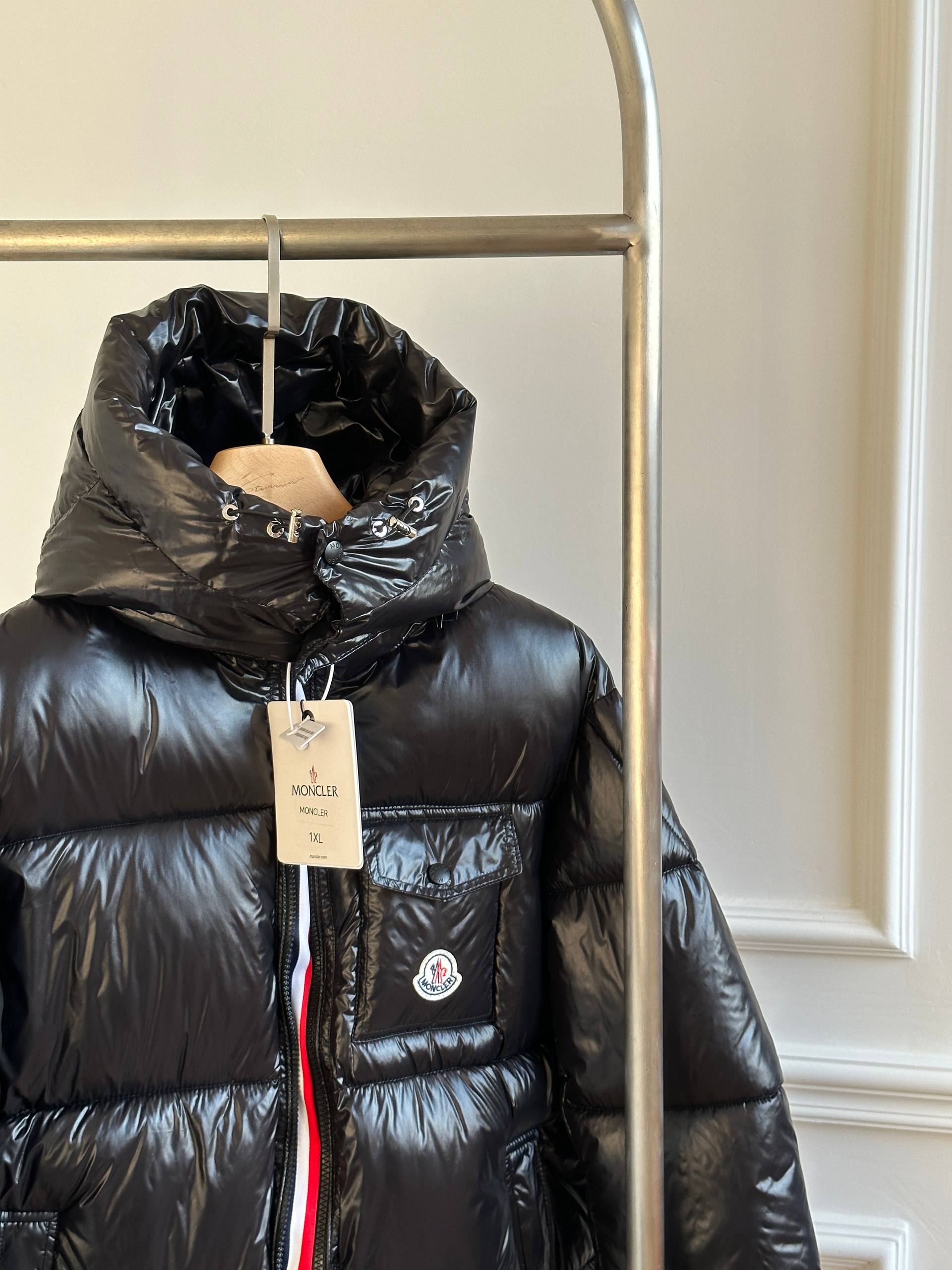 Moncler Shiny Hooded Short Down Jacket with Chest Badge & Tricolor Zipper Tape