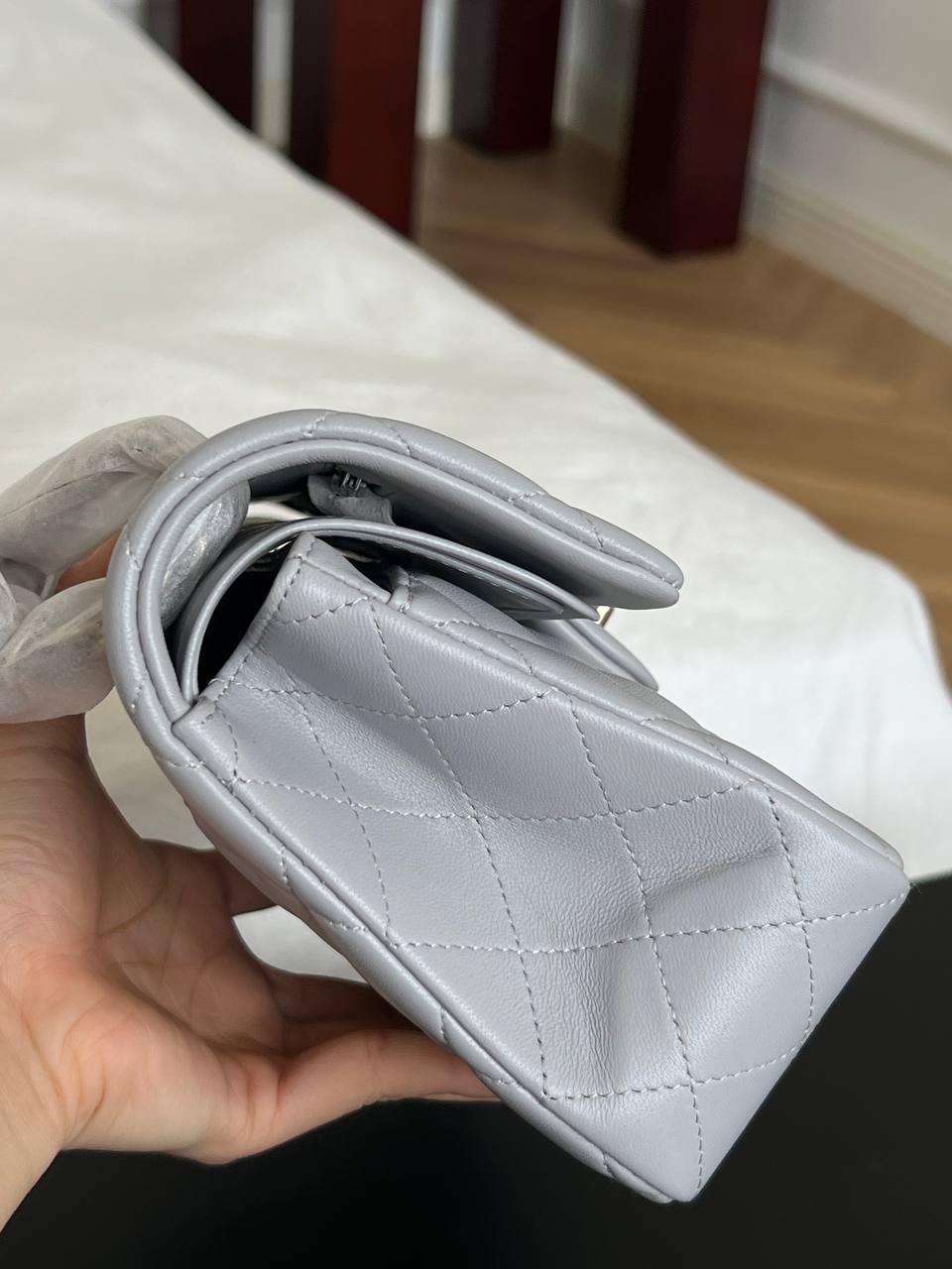 Chanel Light Grey Lambskin Quilted Classic Flap Top Handle Bag