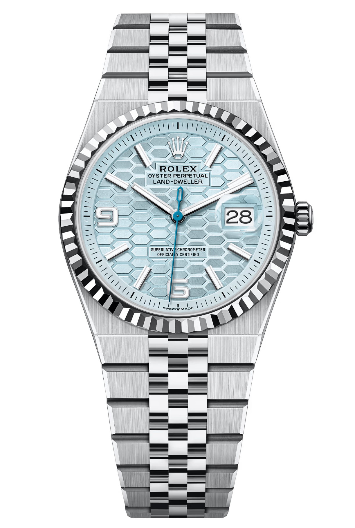 Rolex Land-Dweller 36mm Platinum Fluted Bezel Ice Blue Honeycomb-Motif Dial Flat Jubilee - 127236 - New 2025【1:1 Replica】