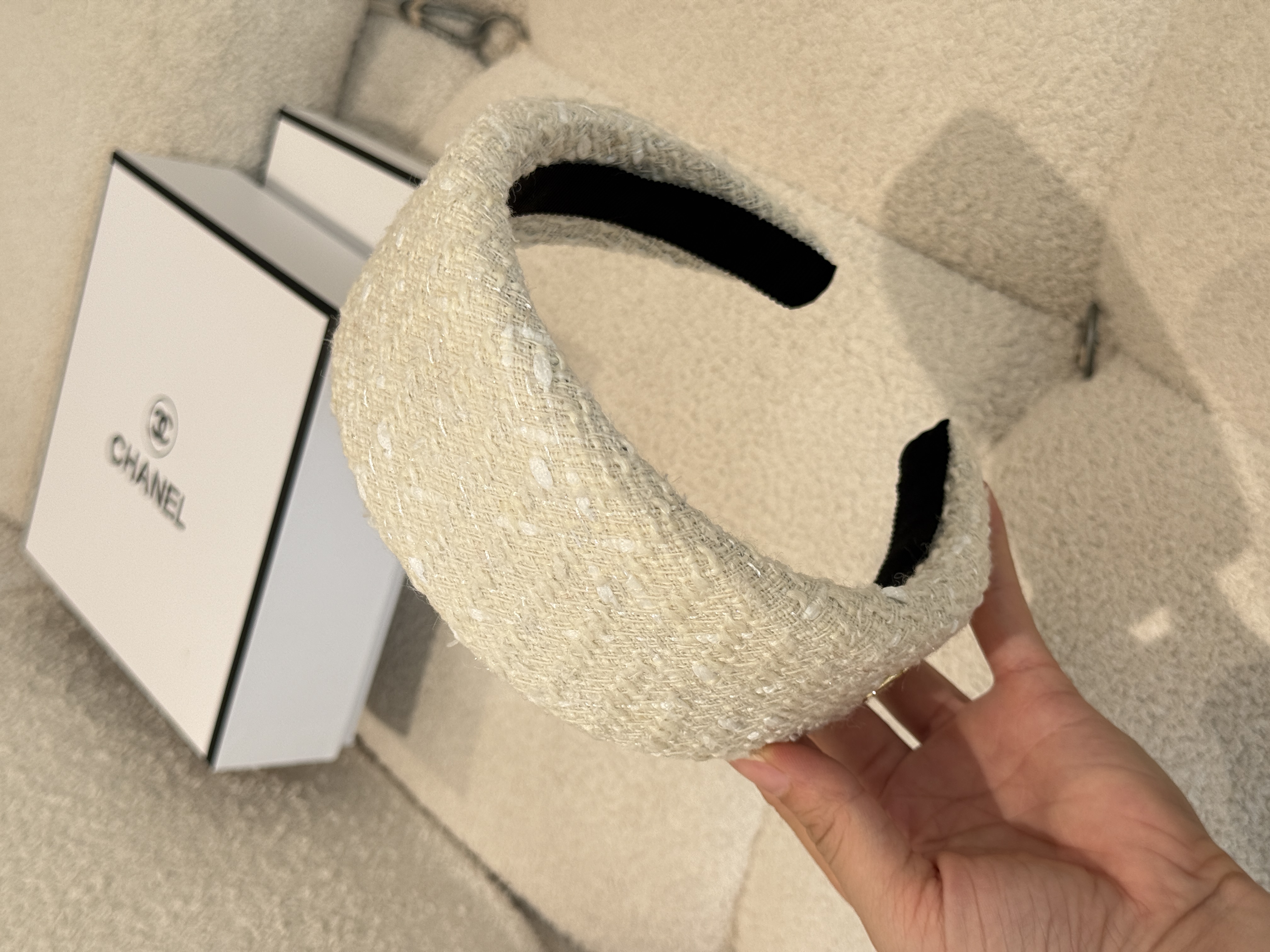 Chanel Off-White Tweed Wide Headband