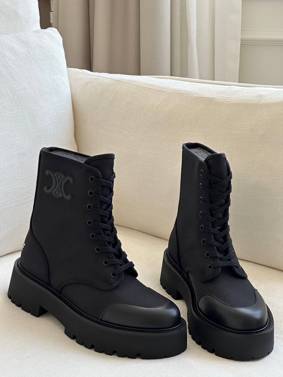 CELINE Black Canvas & Leather Triomphe Platform Lace-Up Ankle Boots
