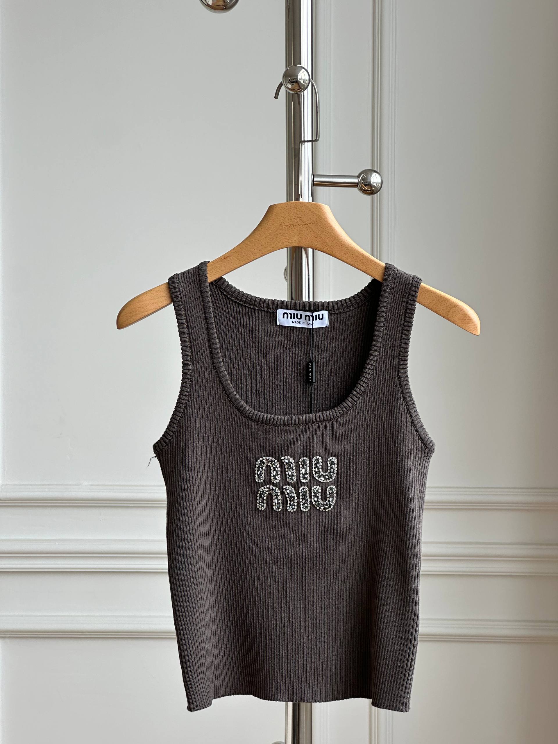 Miu Miu Crystal Logo Ribbed Knit U-Neck Tank Top