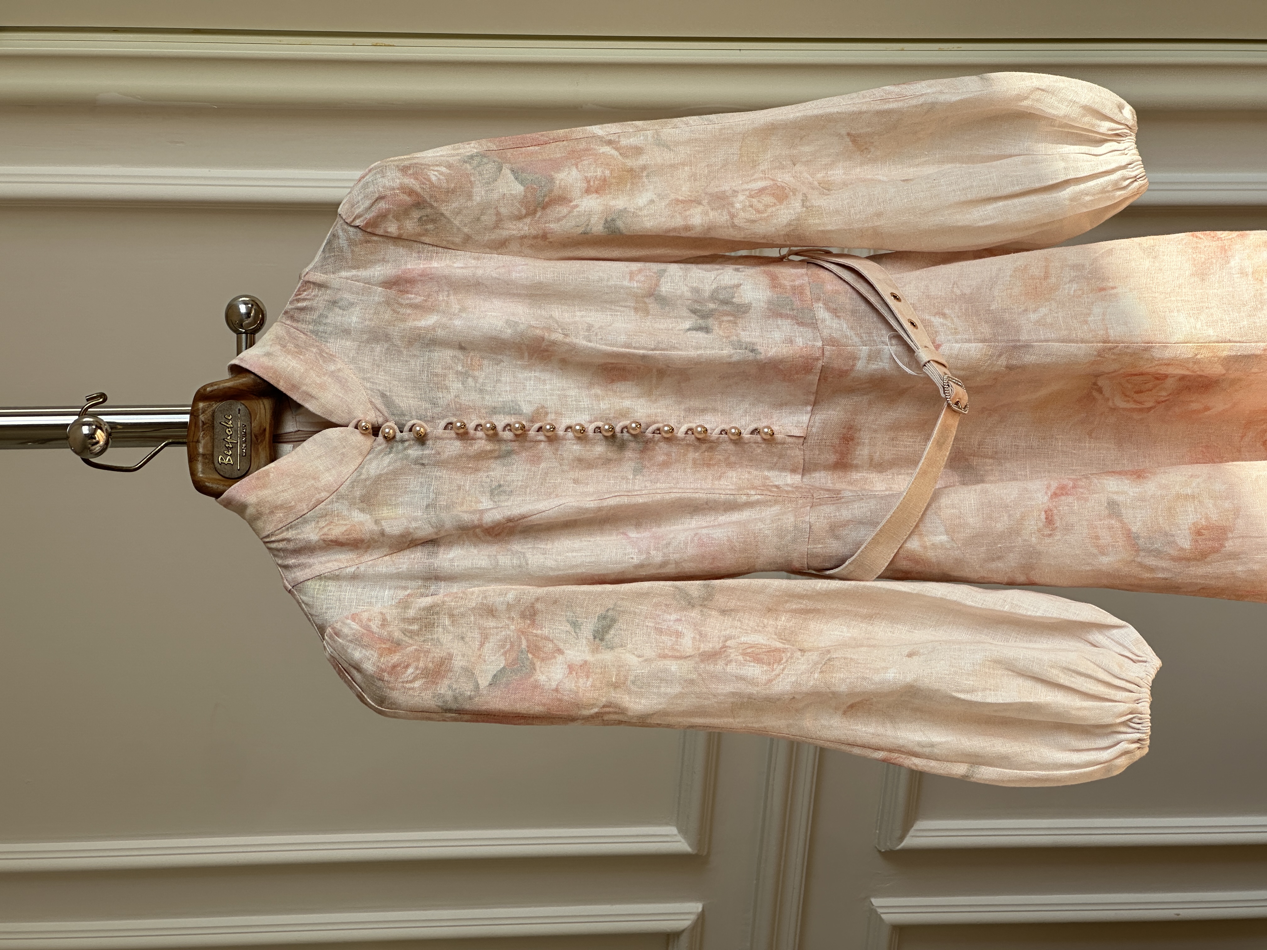 Chinese Stand Collar Pearl Buttons Lantern Sleeve Watercolor Floral Belted Maxi Dress