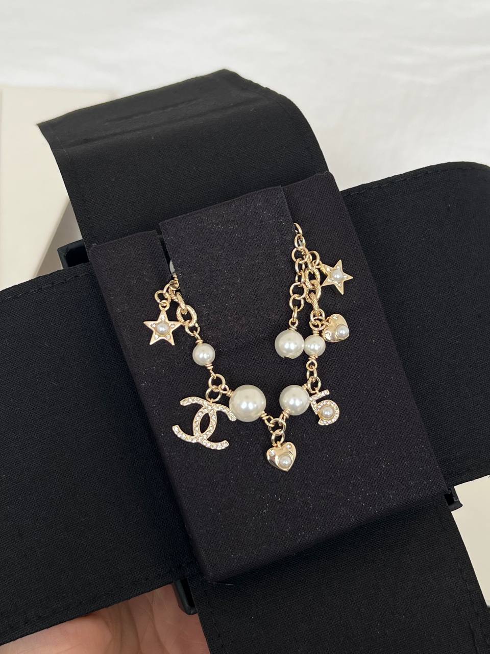 Chanel Pearl Crystal CC Star & Heart Charm Adjustable Bracelet