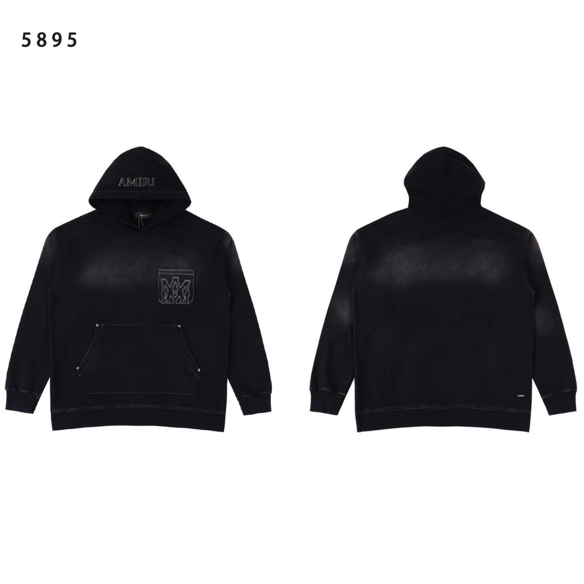 Amiri Black MA Outline Oversized Hoodie Embroidered, Washed, and Used Hoodie Sweatshirt