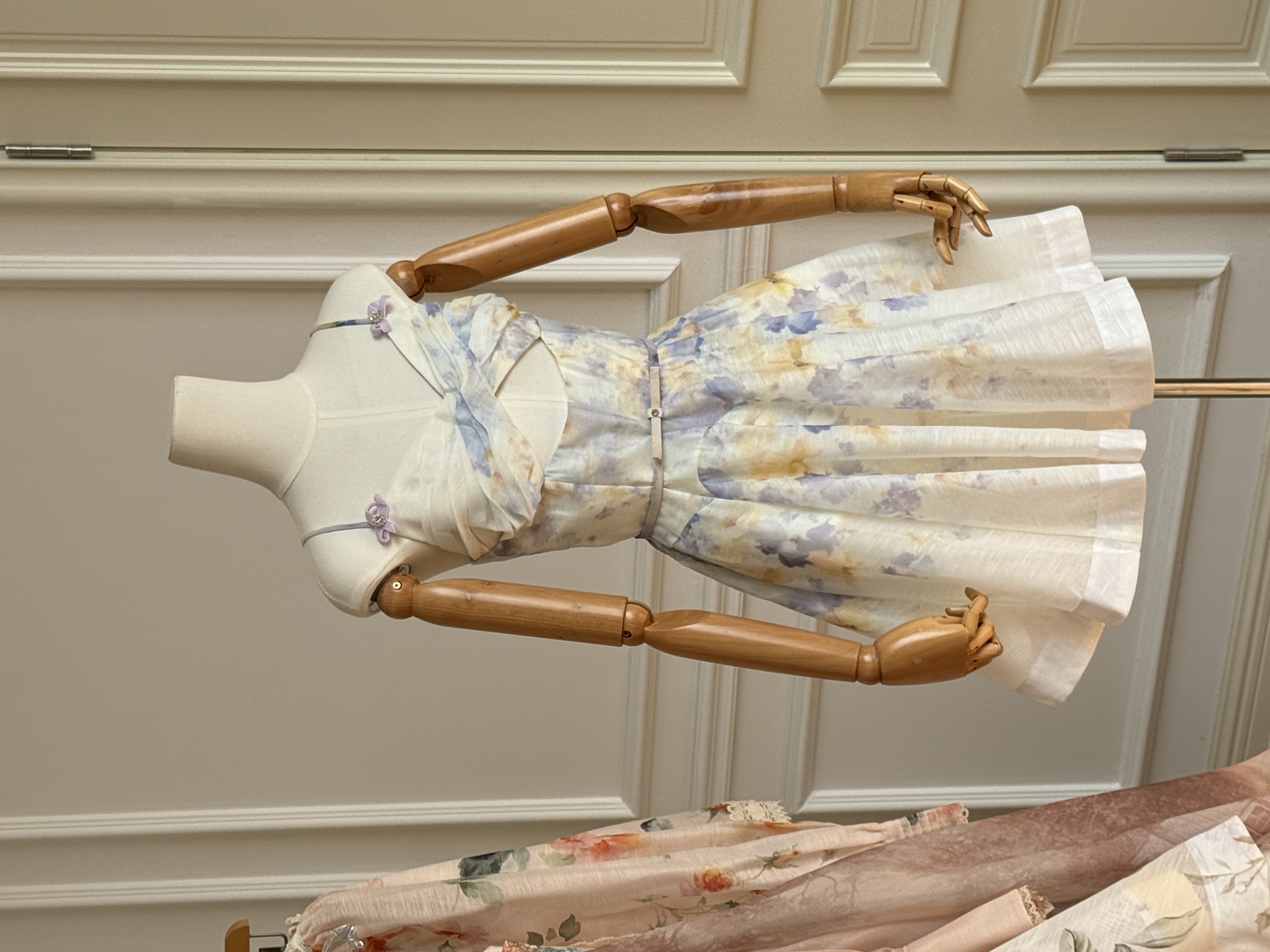 French Watercolor Floral Twist Cutout Spaghetti Strap Waisted Mini Dress