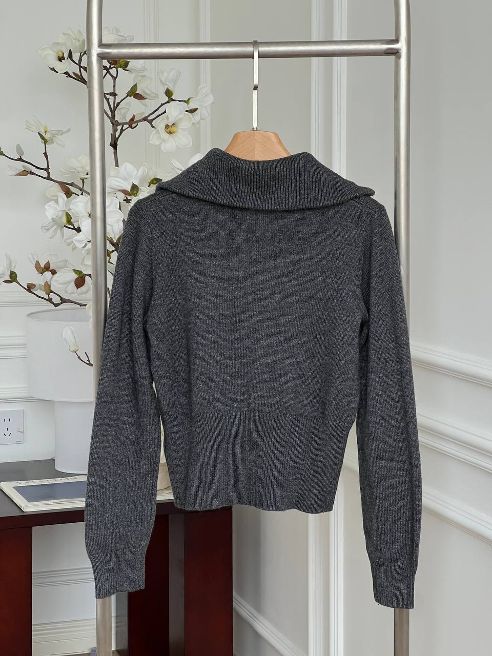 Miu Miu Dark Grey Half Zip Collar Cropped Knit Sweater